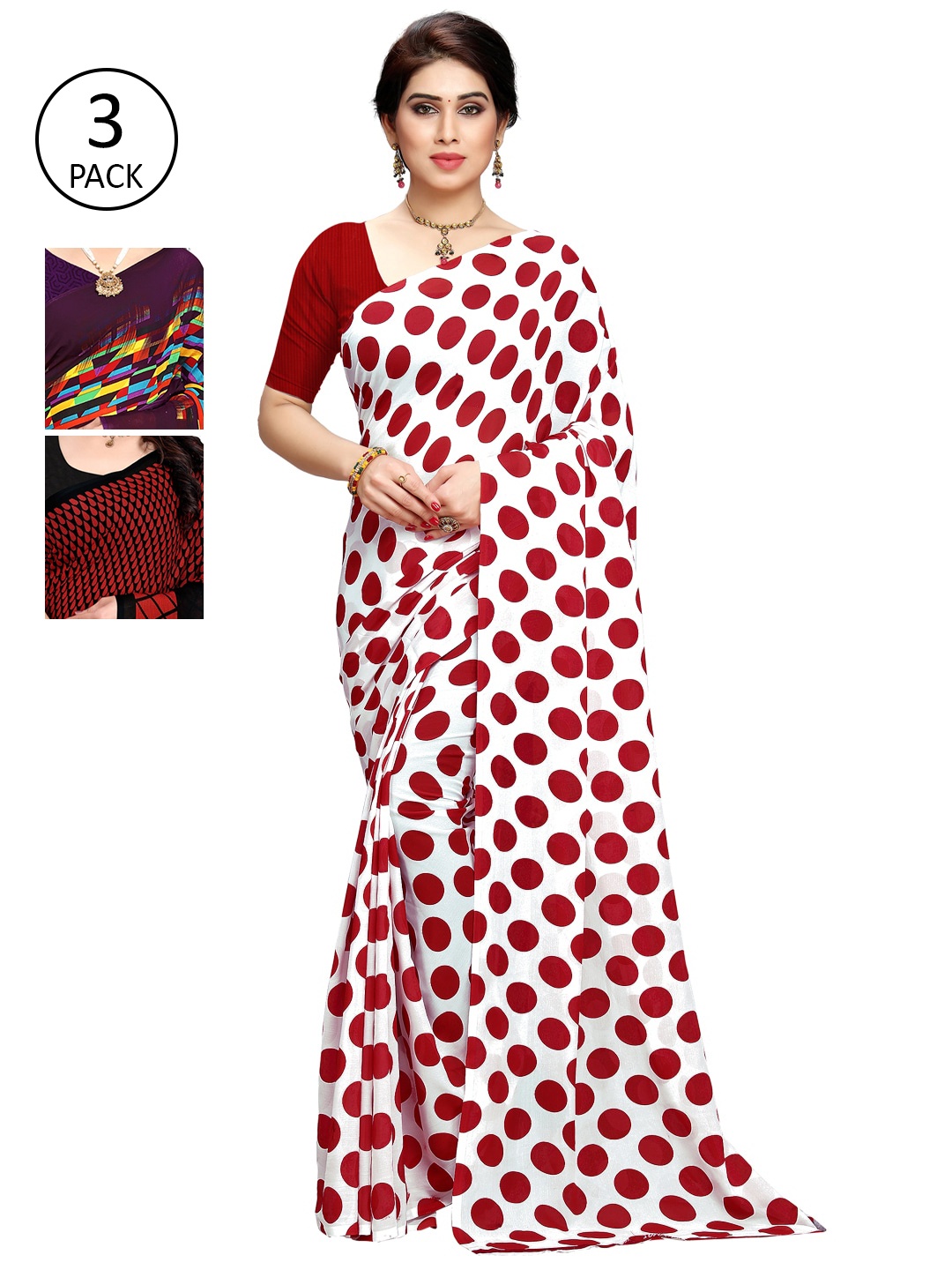 

KALINI Pack Of 3 Printed Poly Georgette Sarees, White