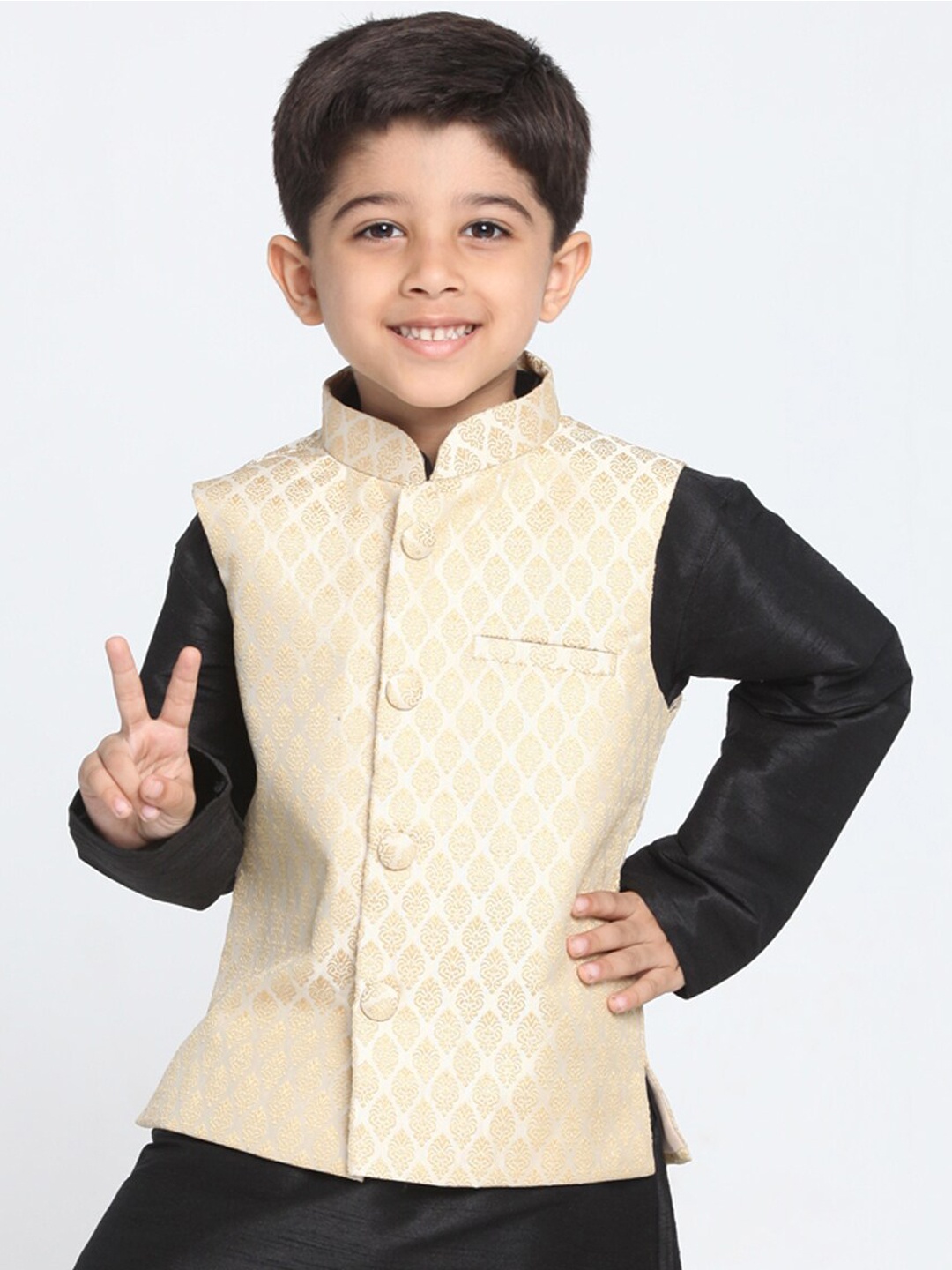

VASTRAMAY Boys Cream & Gold-Coloured Woven-Design Banarasi Brocade Slim-Fit Nehru Jacket