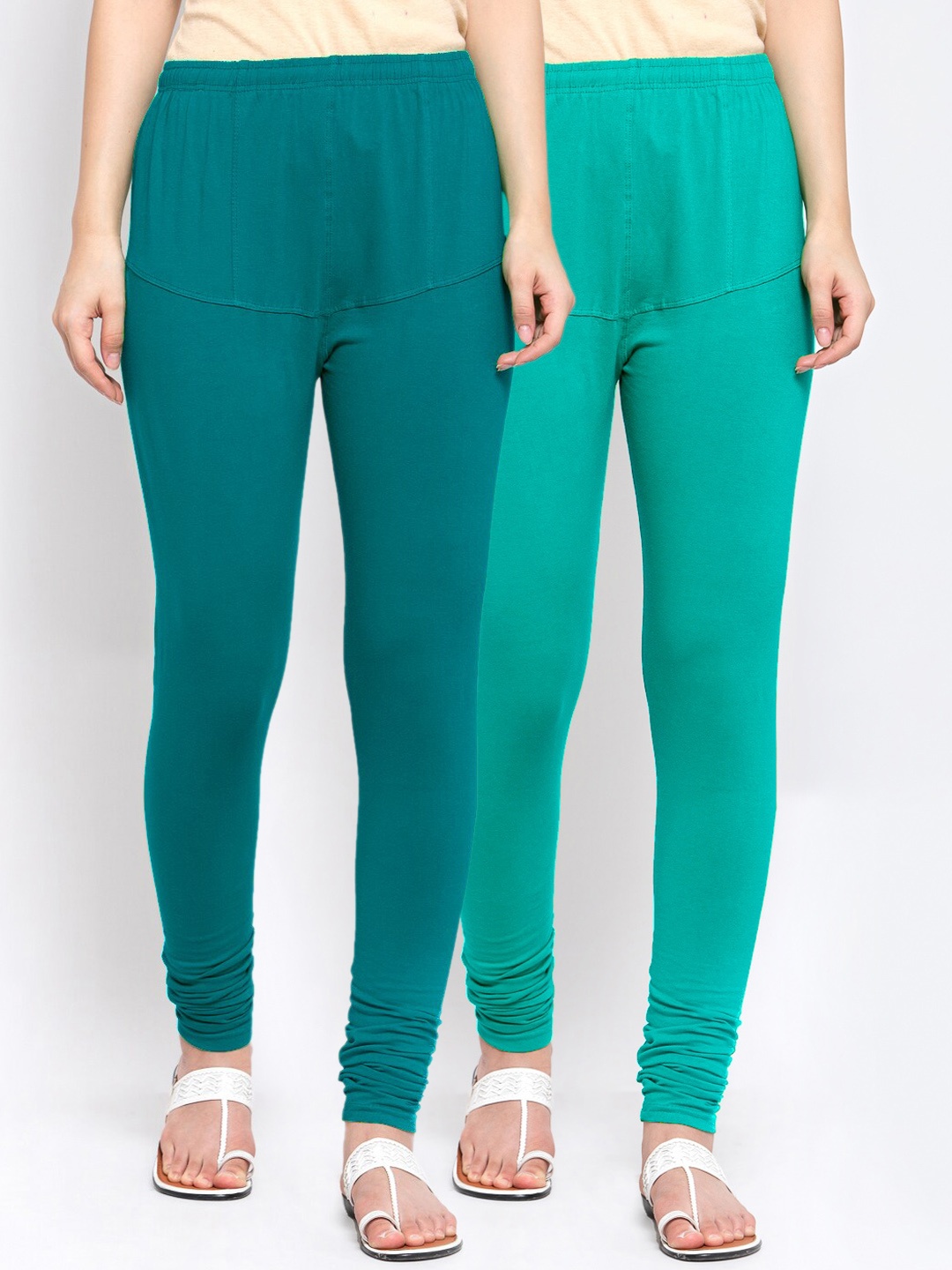 

KLOTTHE Women Pack Of 2 Teal & Sea Green Cotton Churidar-Length Leggings