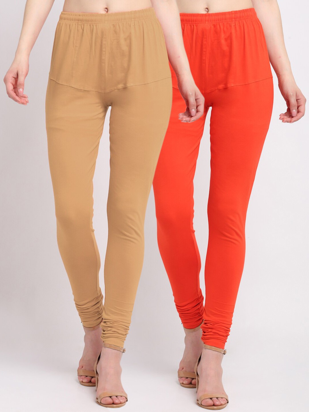 

KLOTTHE Women Pack of 2 Solid Cotton Churidar-Length Leggings, Orange