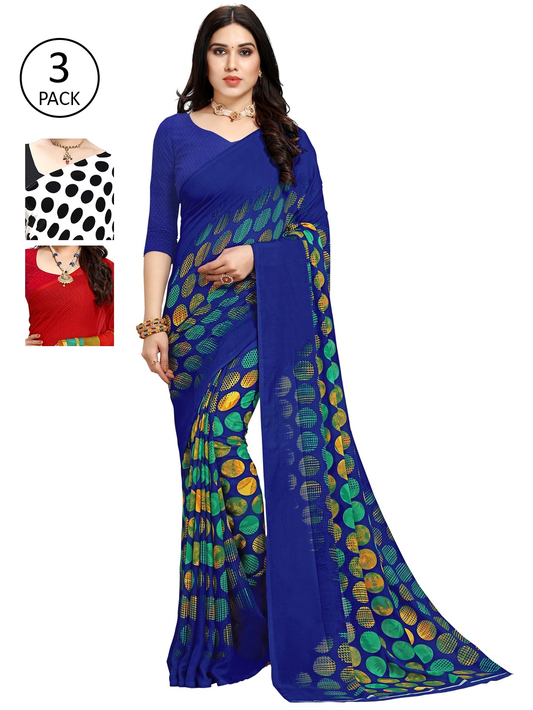 ANAND SAREES Pack Of 3 Printed Saree, Red