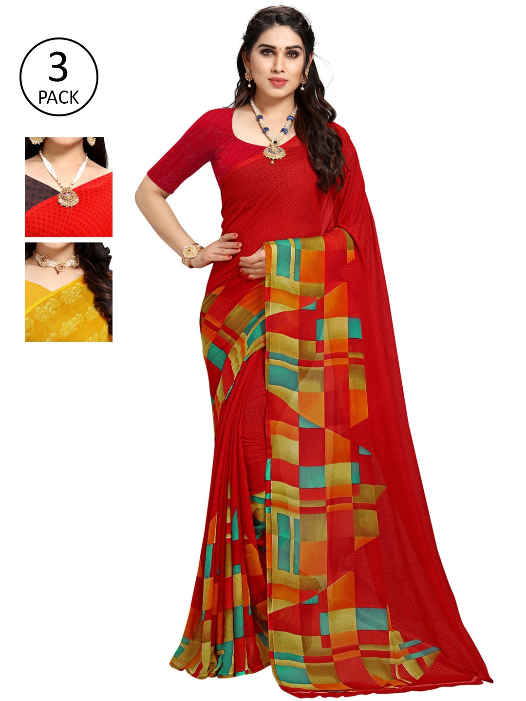 

KALINI Pack of 3 Poly Georgette Saree, Yellow