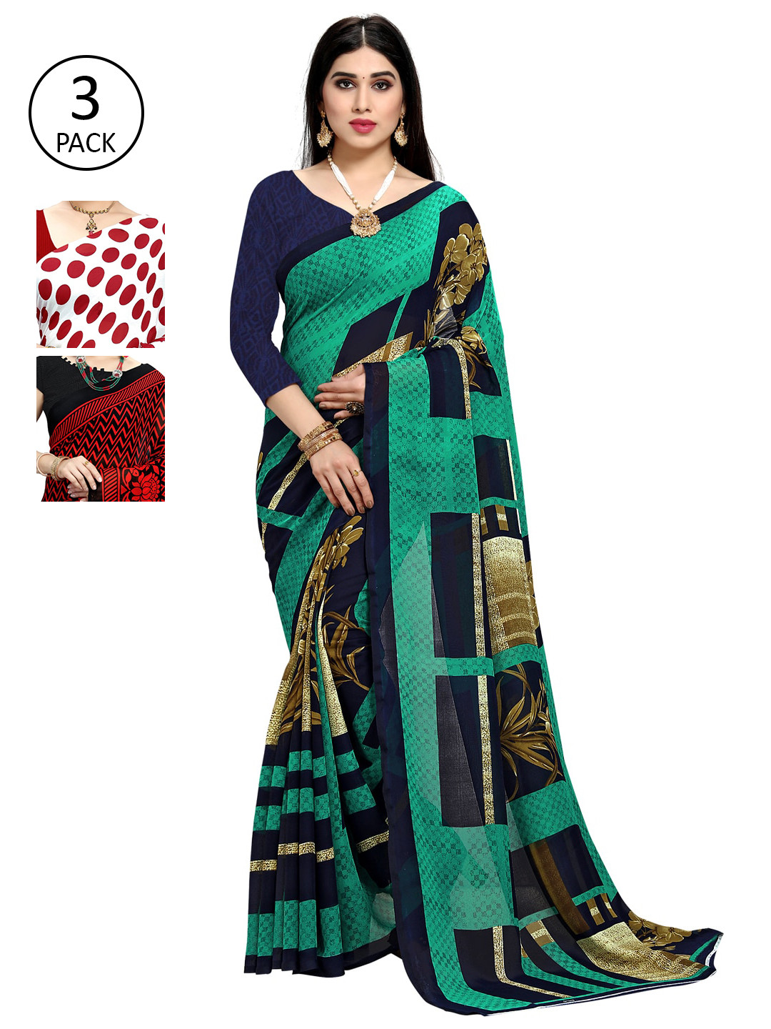 

KALINI Set Of 3 Multicoloured Poly Georgette Printed Sarees, Multi