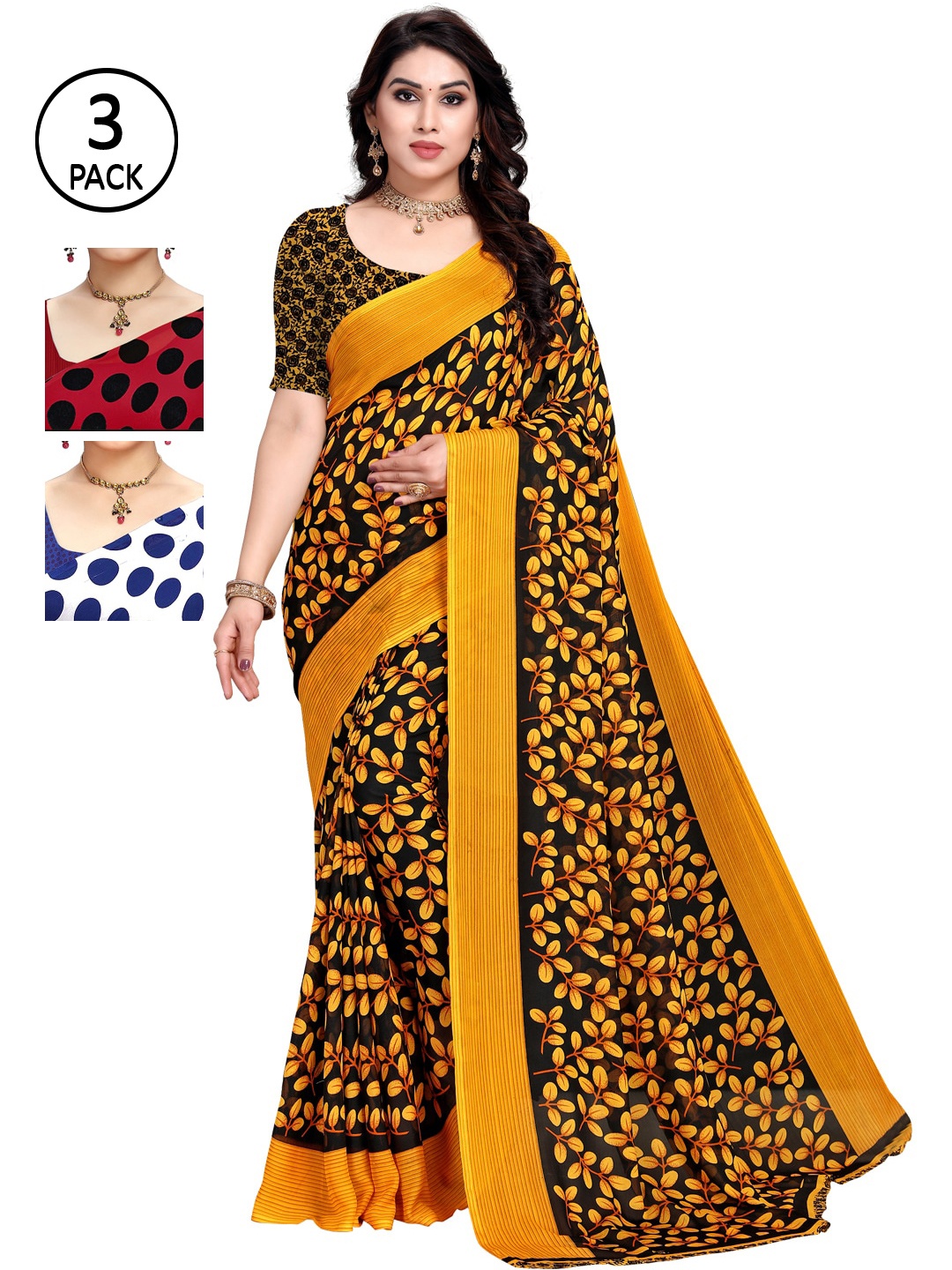 

KALINI Pack of 3 Printed Floral Saree, Red