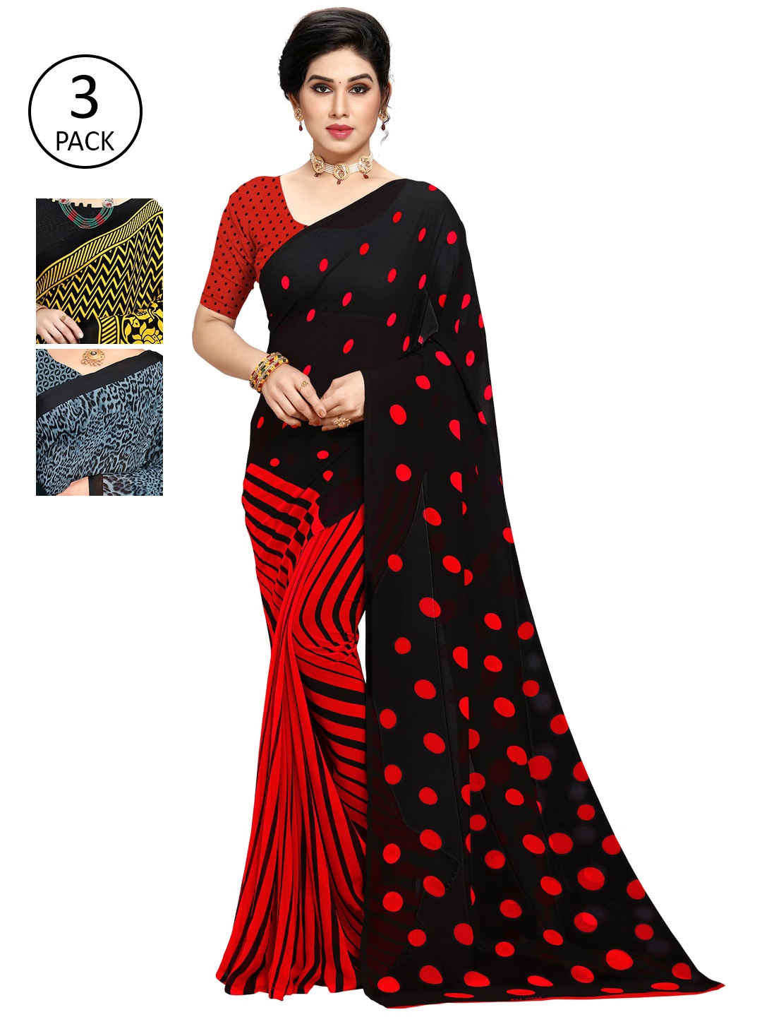 

ANAND SAREES Women Women Pack of 3 Printed Sarees, Black