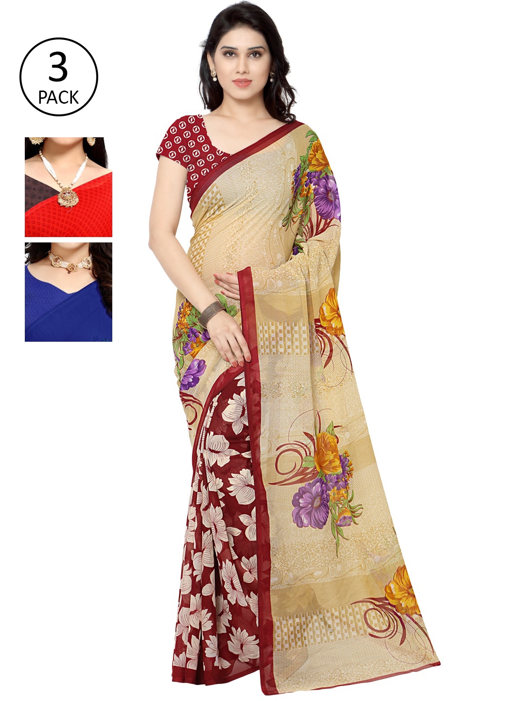 

KALINI Pack Of 3 Multicoloured Poly Georgette Sarees, Multi