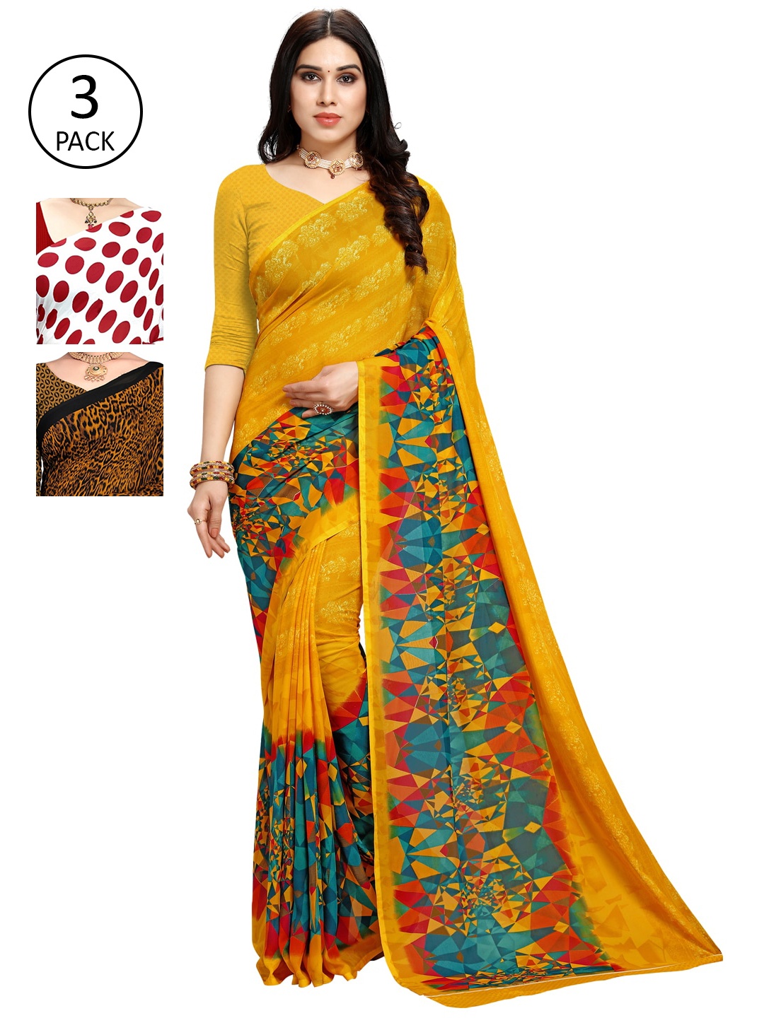 

KALINI Pack Of 3 Multicoloured Poly Georgette Sarees, Multi