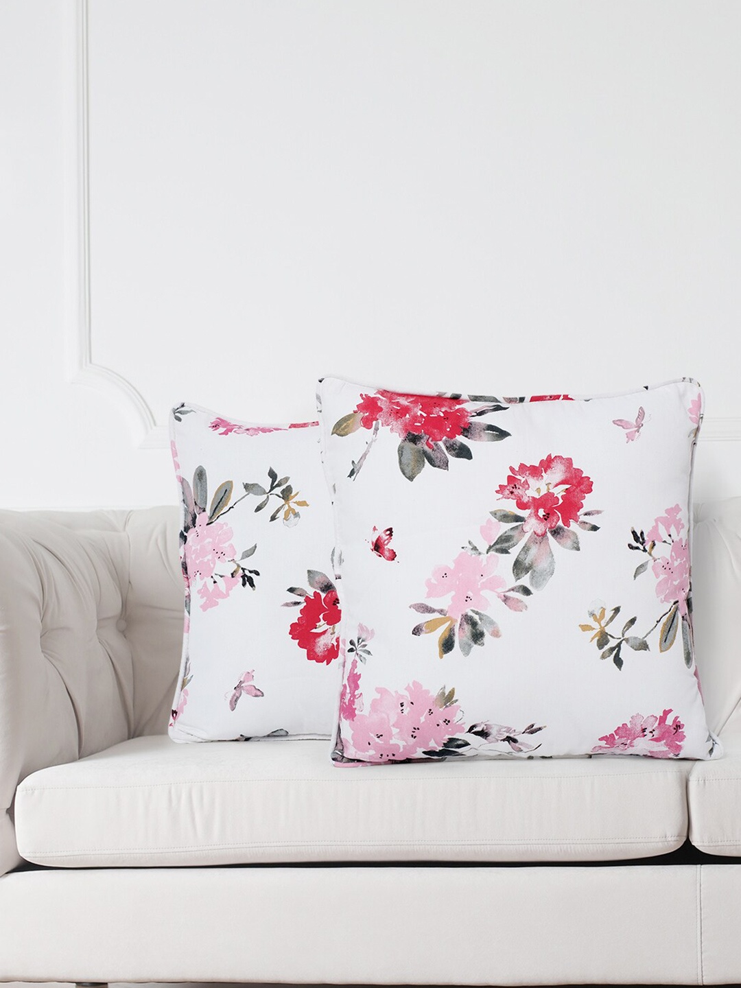 

SWAYAM White & Red Set of 2 Floral Square Cushion Covers