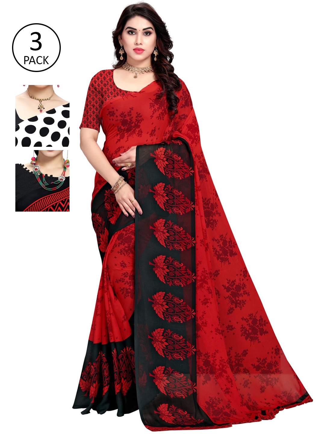 

KALINI Women Pack of 3 Multicolor Poly Georgette Printed Saree, Red