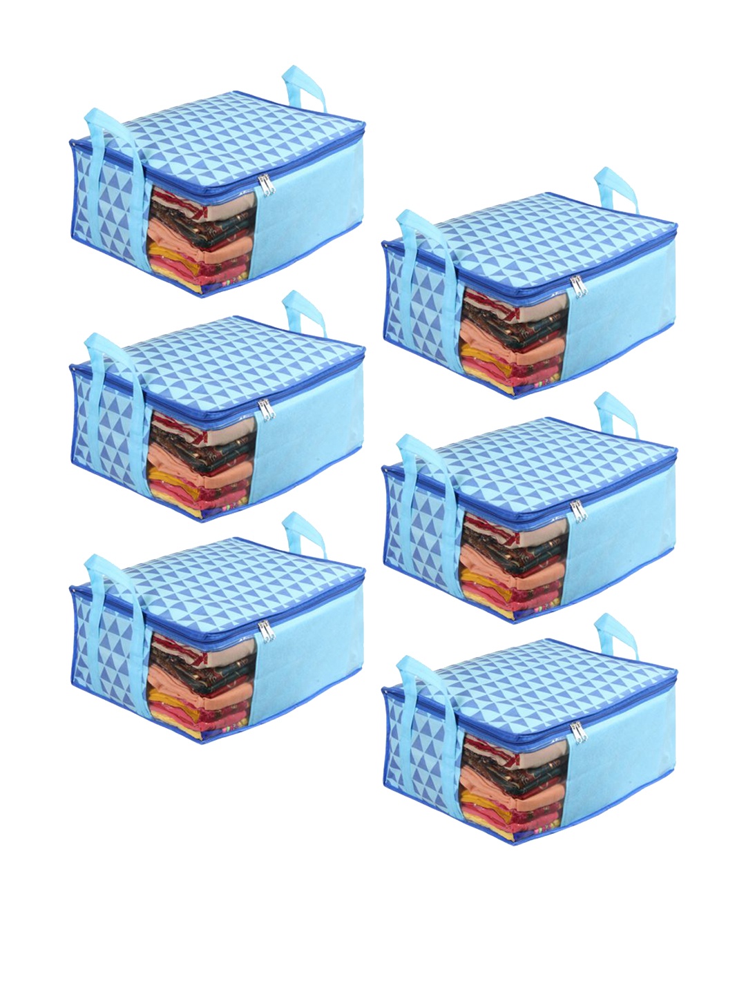 

prettykrafts Set Of 6 Blue Geometric Saree Organizers With Transparent Window