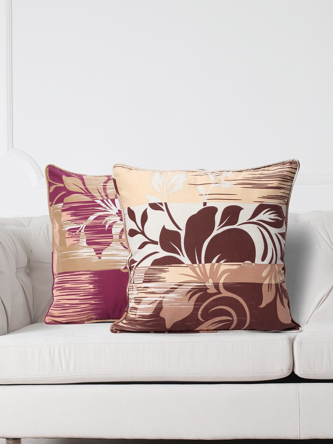 

SWAYAM White & Brown Set of 2 Floral Square Cushion Covers