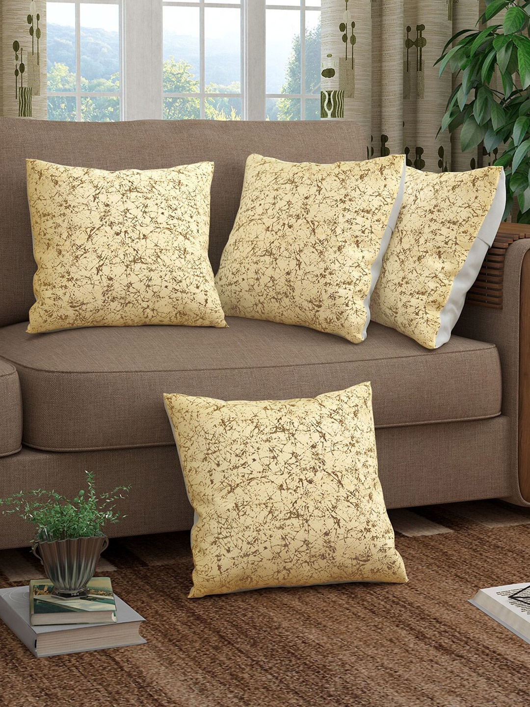 

Story@home Cream-Coloured & Brown Set of 4 Abstract Square Cushion Covers