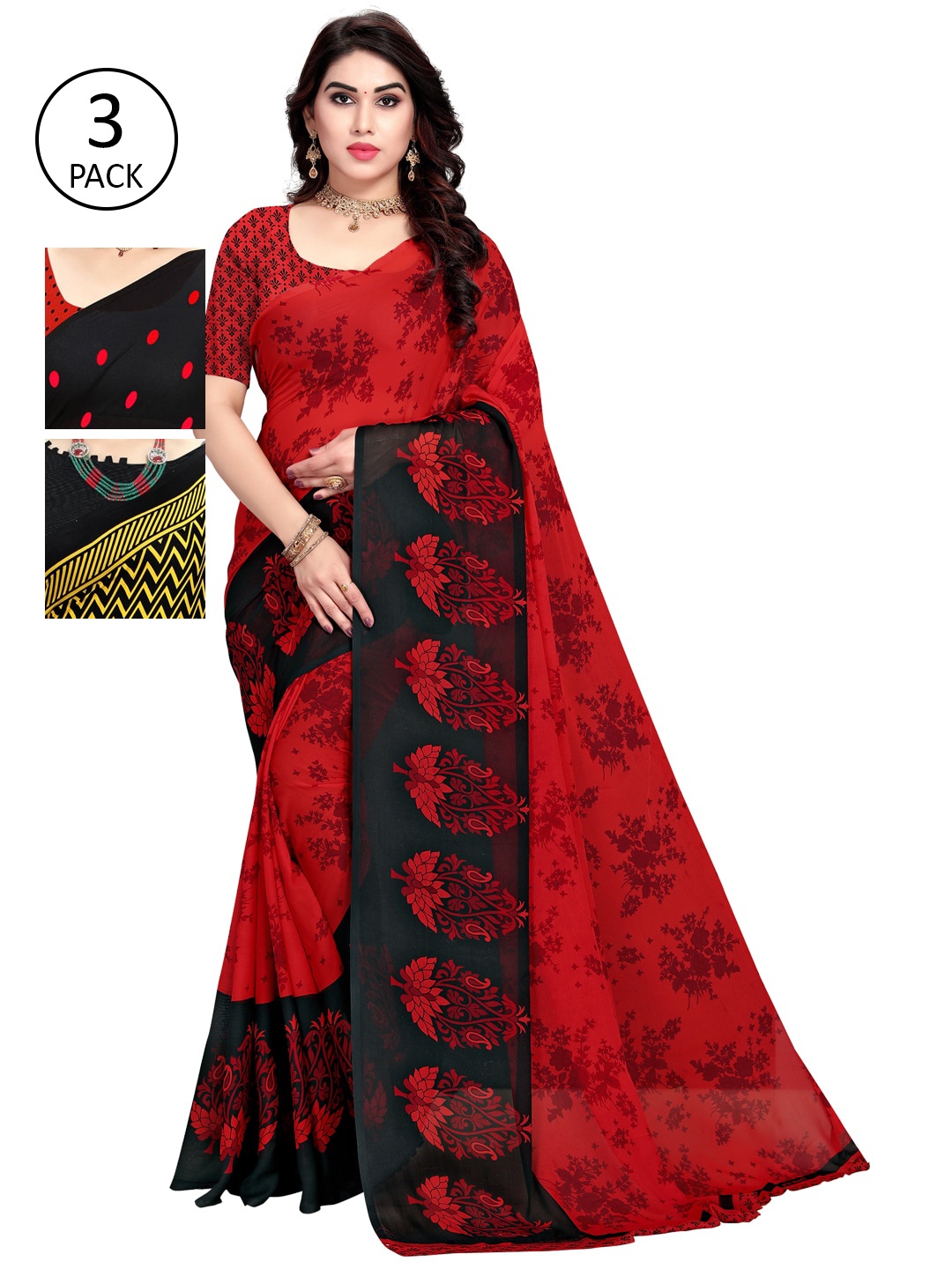 

KALINI Pack of 3 Printed Sarees, Black