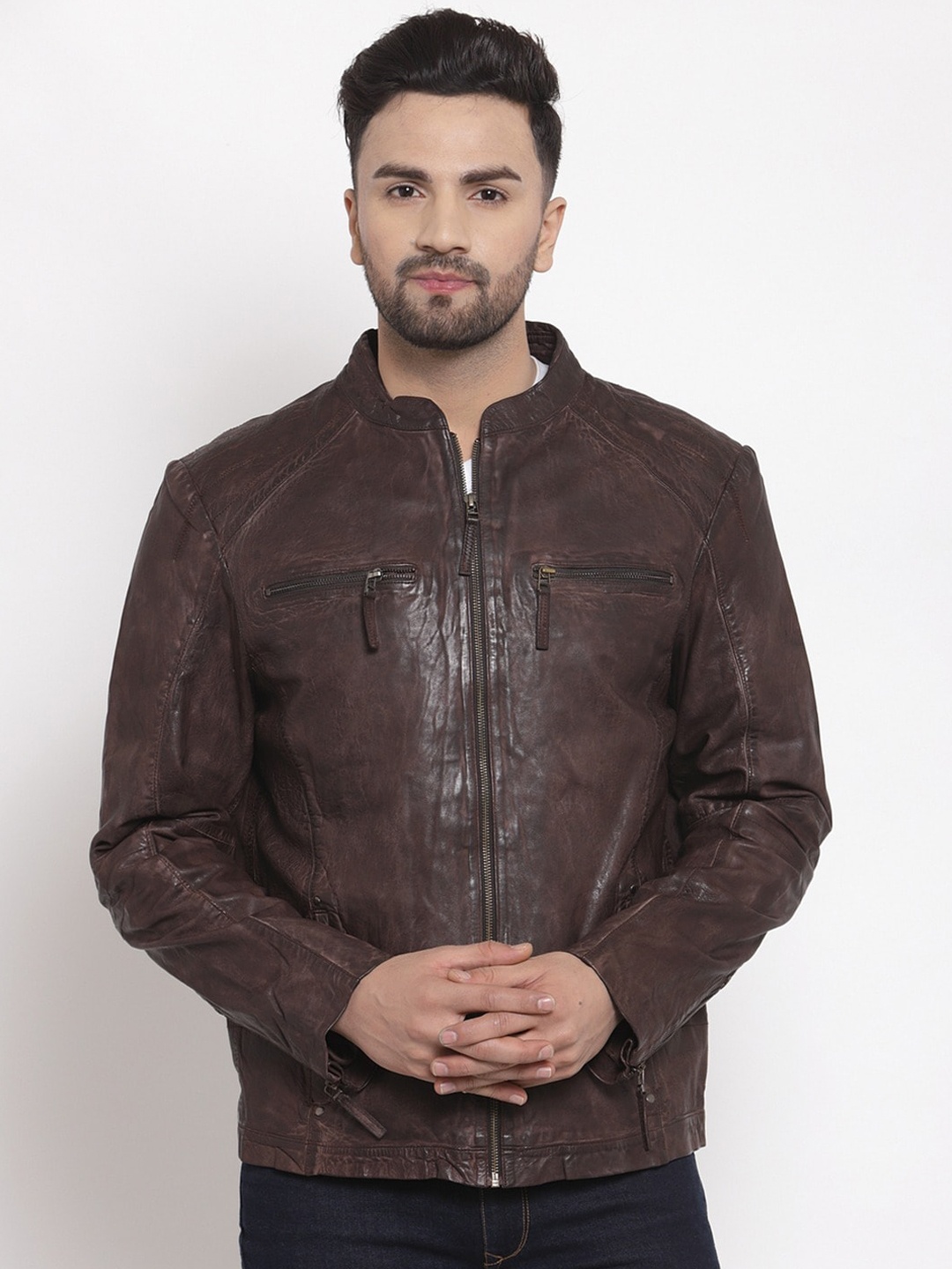 

Teakwood Leathers Men Brown Solid Leather Lightweight Leather Jacket