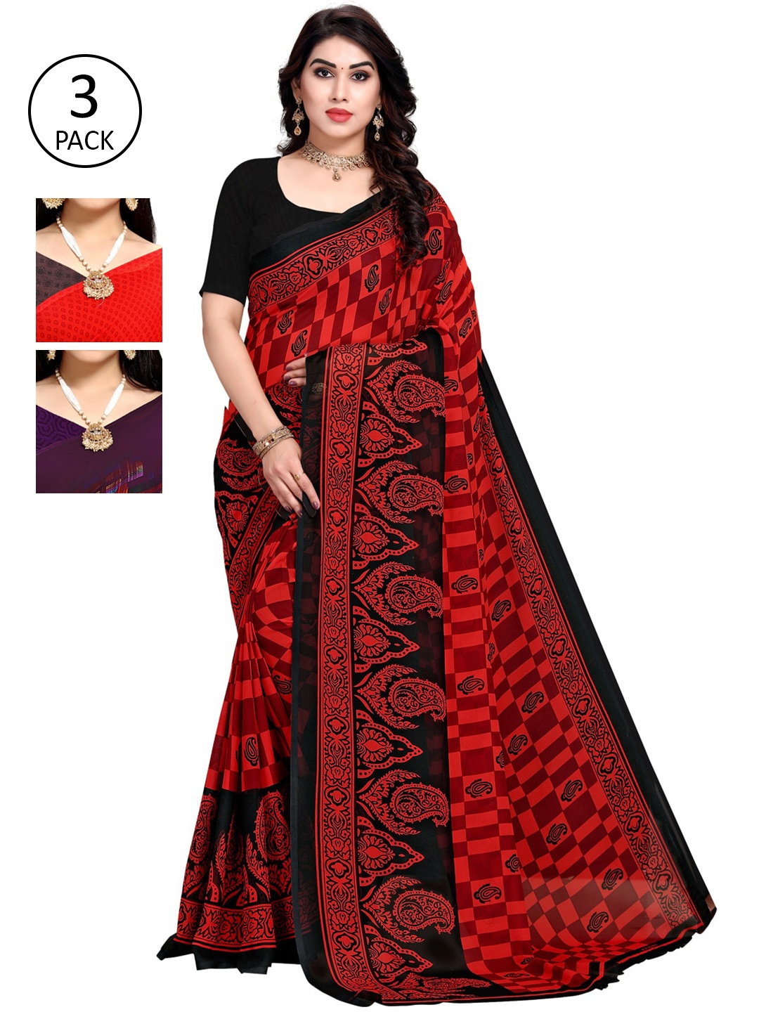

KALINI Pack Of 3 Purple & Red Saree