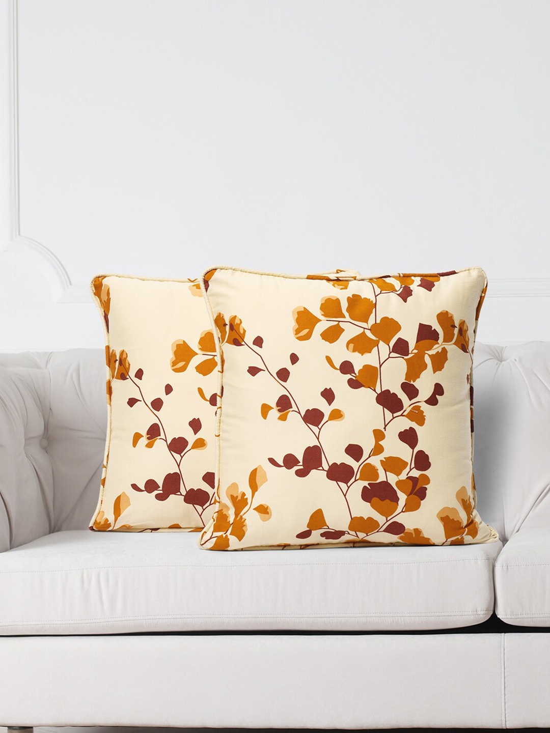 

SWAYAM Beige & Orange Set of 2 Floral Square Cushion Covers