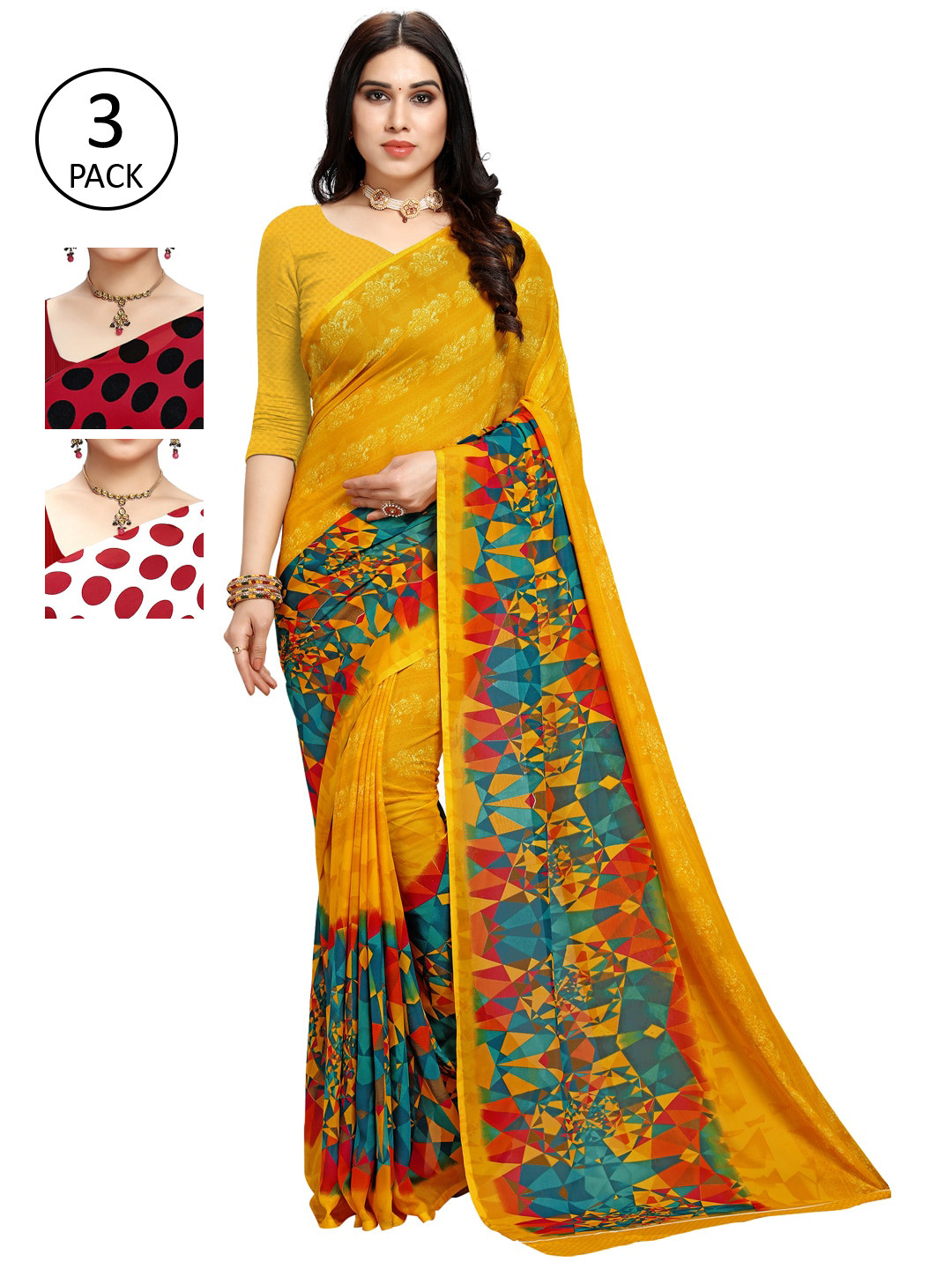 

KALINI Pack of 3 Printed Saree, Red