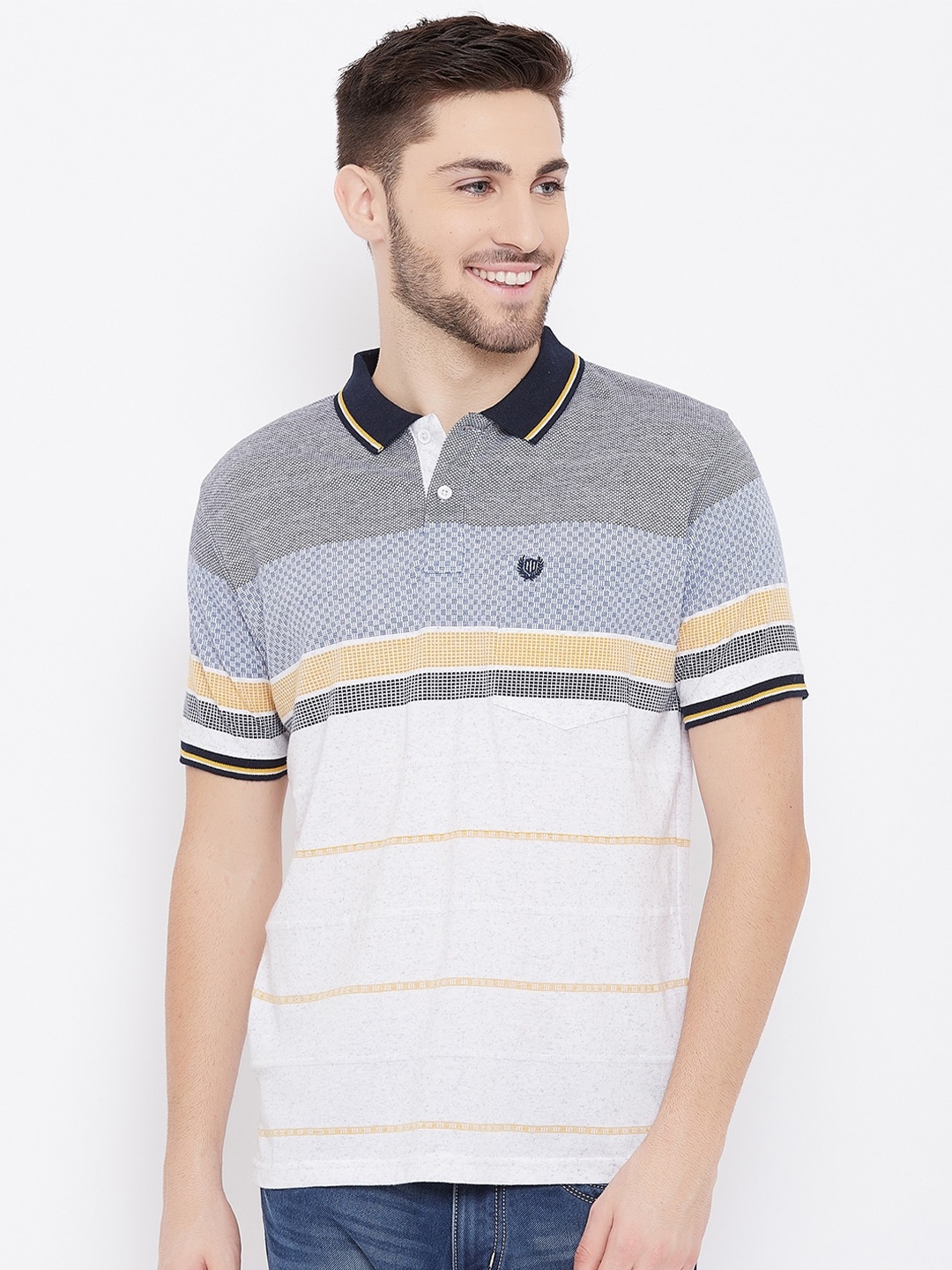 

Duke Men Blue & Grey Striped Polo Collar T-shirt
