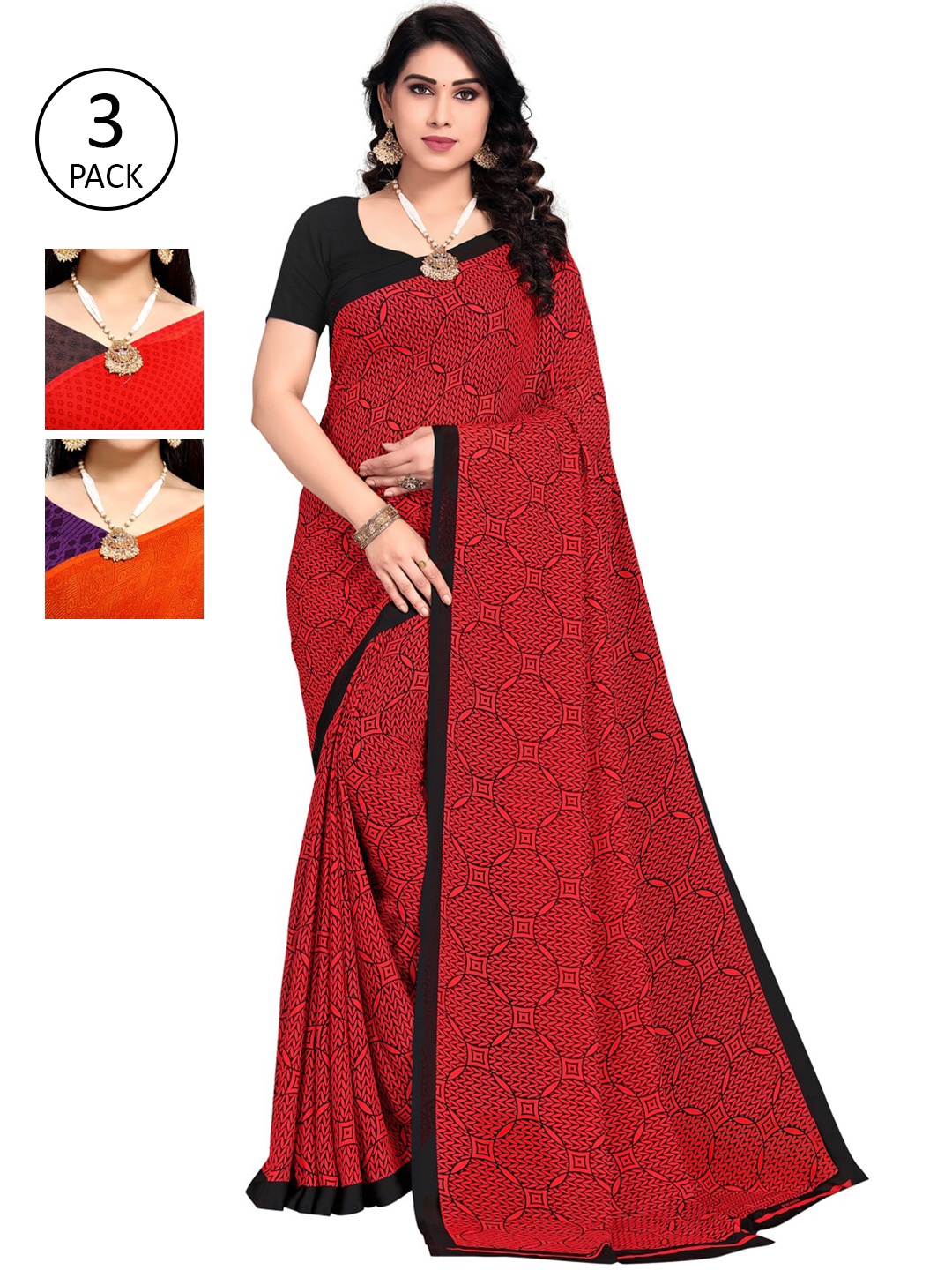 

KALINI Women Pack Of 3 Printed Sarees, Orange