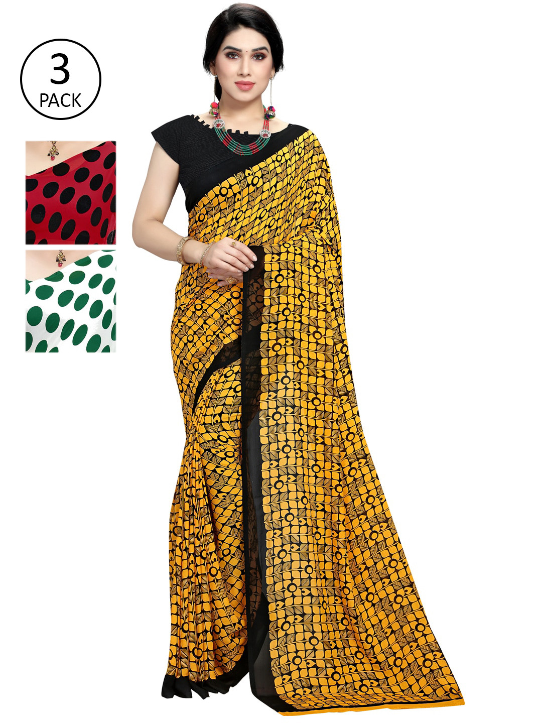 

KALINI Multicolour Printed Poly Georgette Daily Wear Sarees-Pack of 3, Red