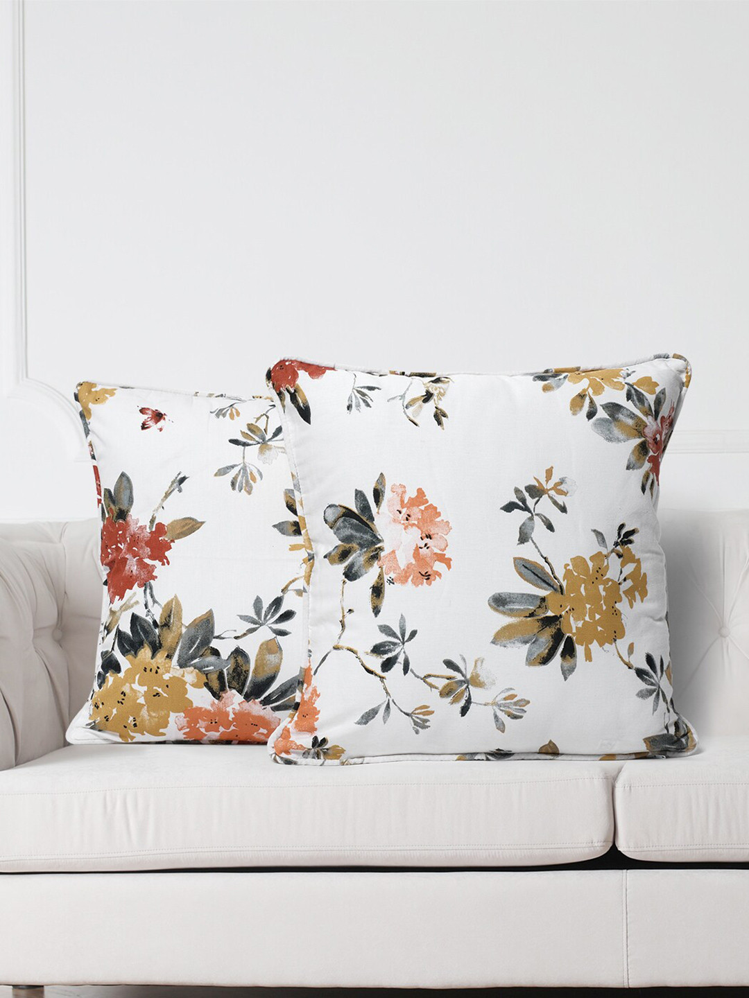 

SWAYAM White & Orange Set of 2 Floral Square Cushion Covers