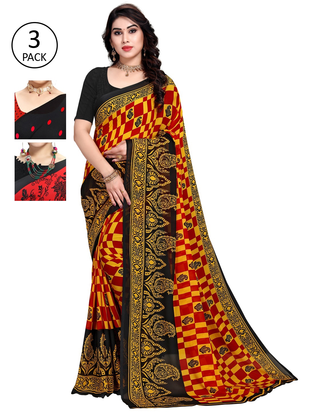 

KALINI Pack of 3 Printed Sarees, Black