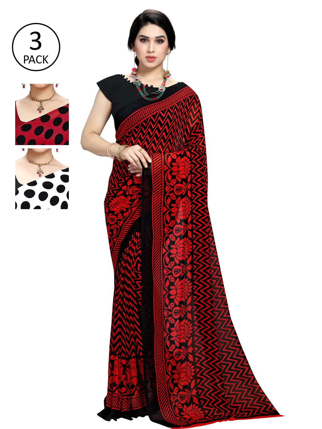 

KALINI Multicolor Georgette Printed Daily Wear Saree With Unstitched Blouse(Pack of 3), Red