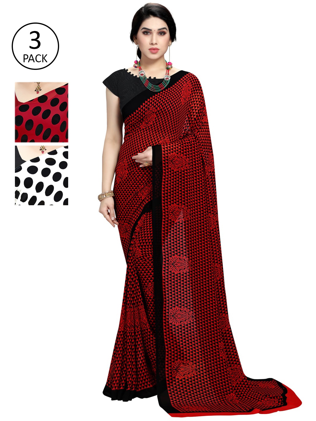 

KALINI Multicolour Printed Poly Georgette Daily Wear Sarees-Pack of 3, Black