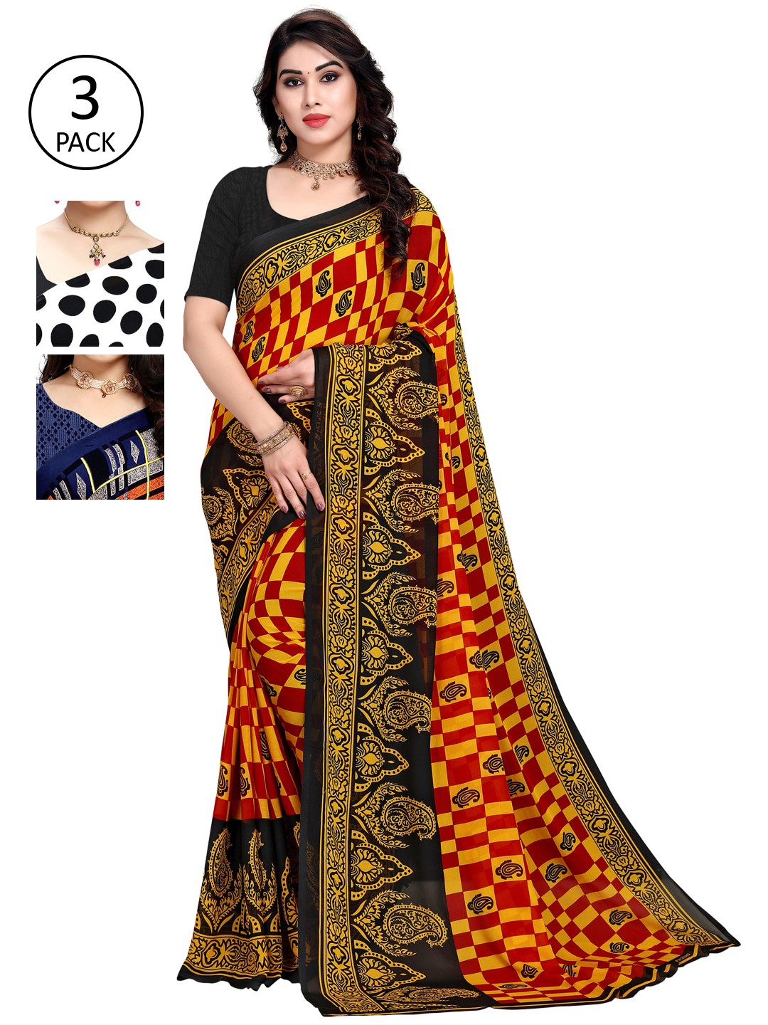 

KALINI Women Pack Of 3 Poly Georgette Saree, Yellow
