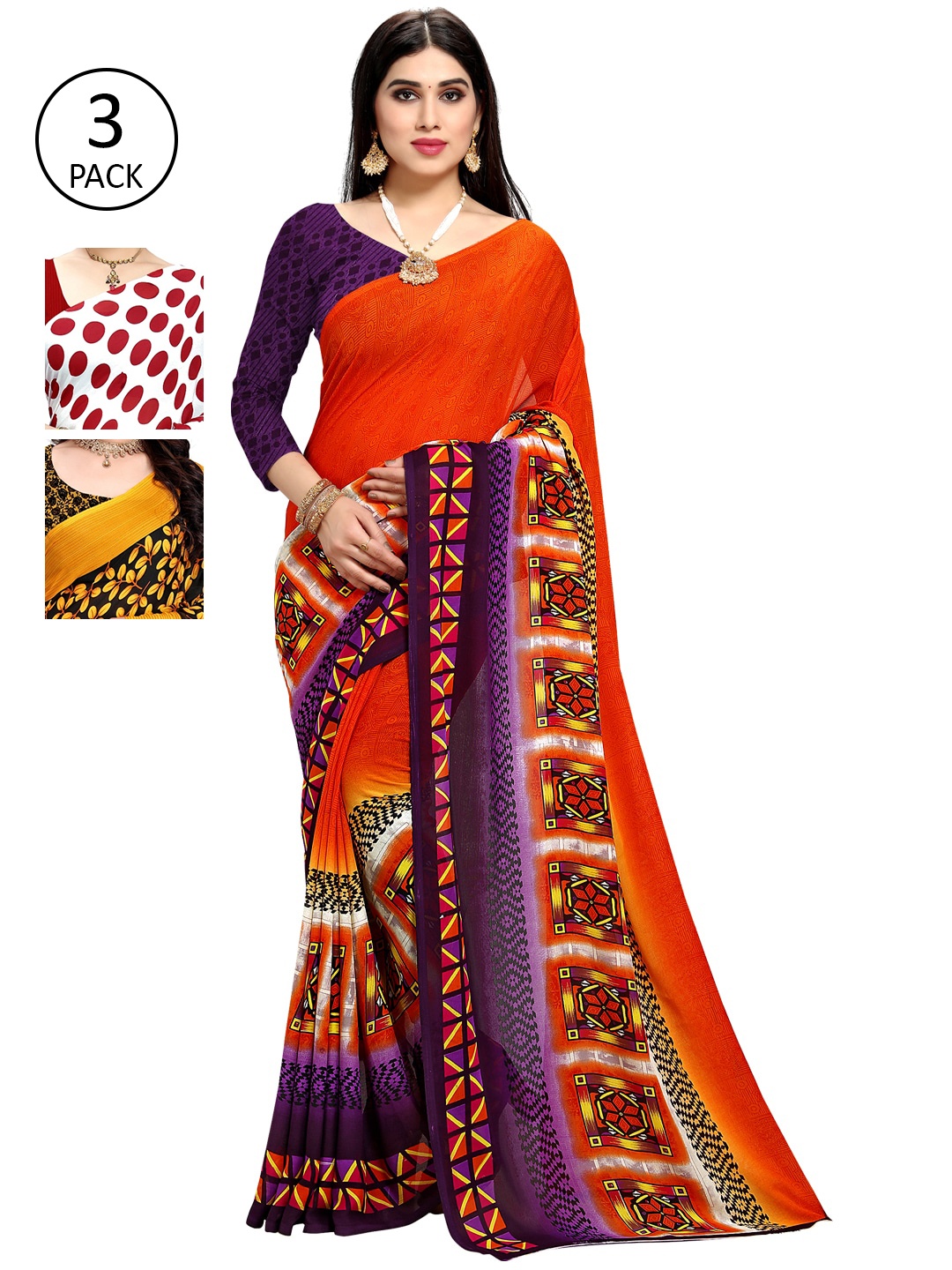 

KALINI Pack Of 3 Sarees, Orange