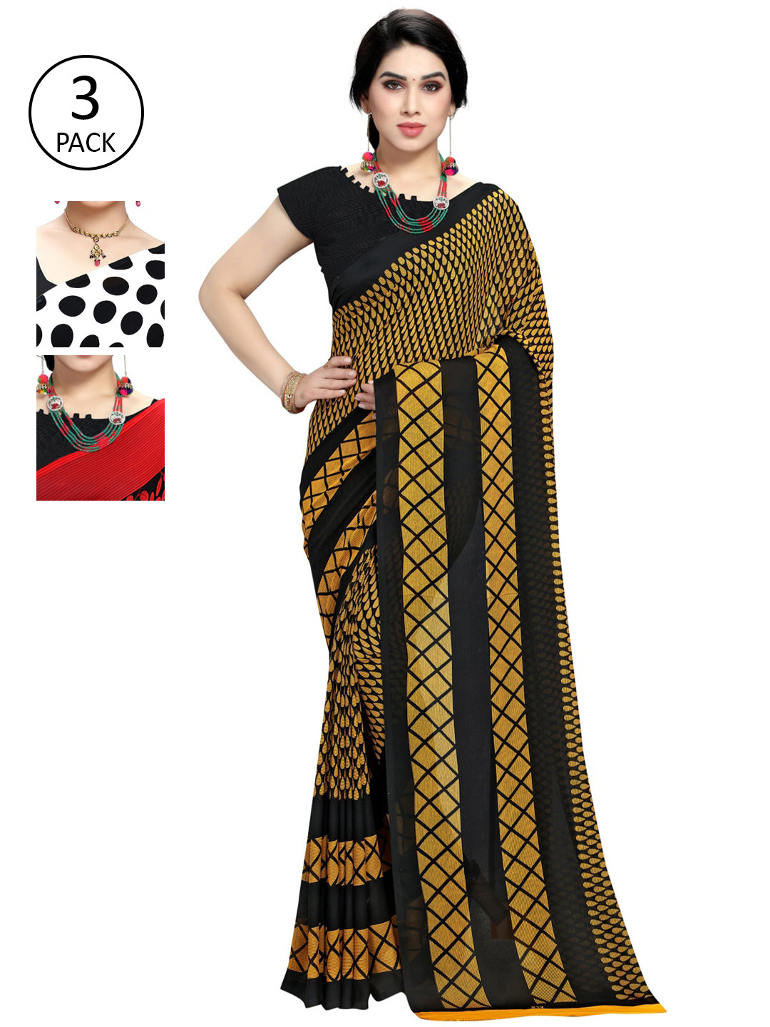 

KALINI Pack of 3 Poly Georgette Saree, Red