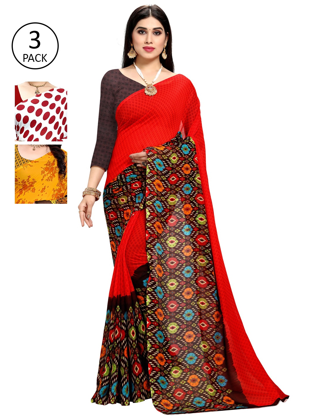 

KALINI Set Of 3 Multicoloured Poly Georgette Printed Sarees, Multi