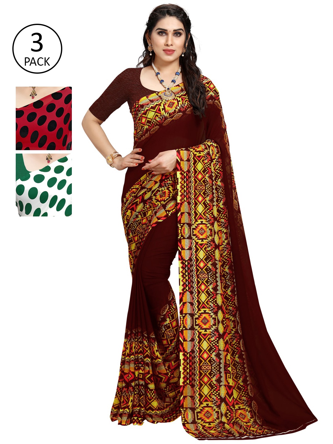 

KALINI Women Pack Of 3 Printed Sarees, Red