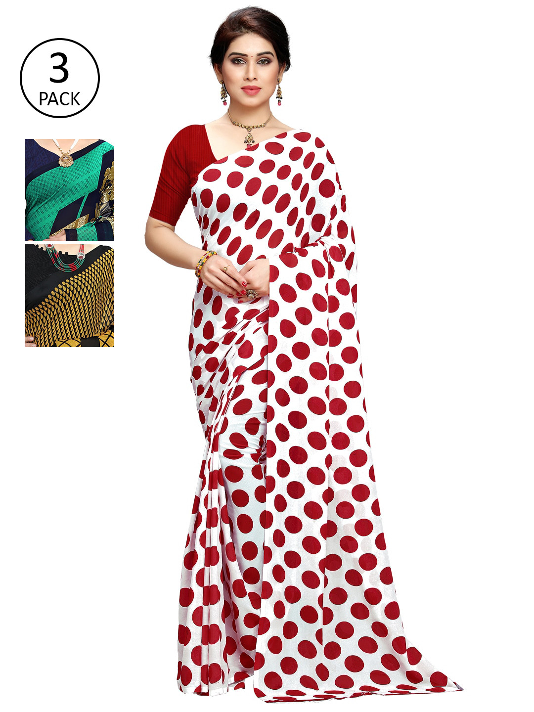 

KALINI Pack Of 3 Printed Poly Georgette Sarees, Green