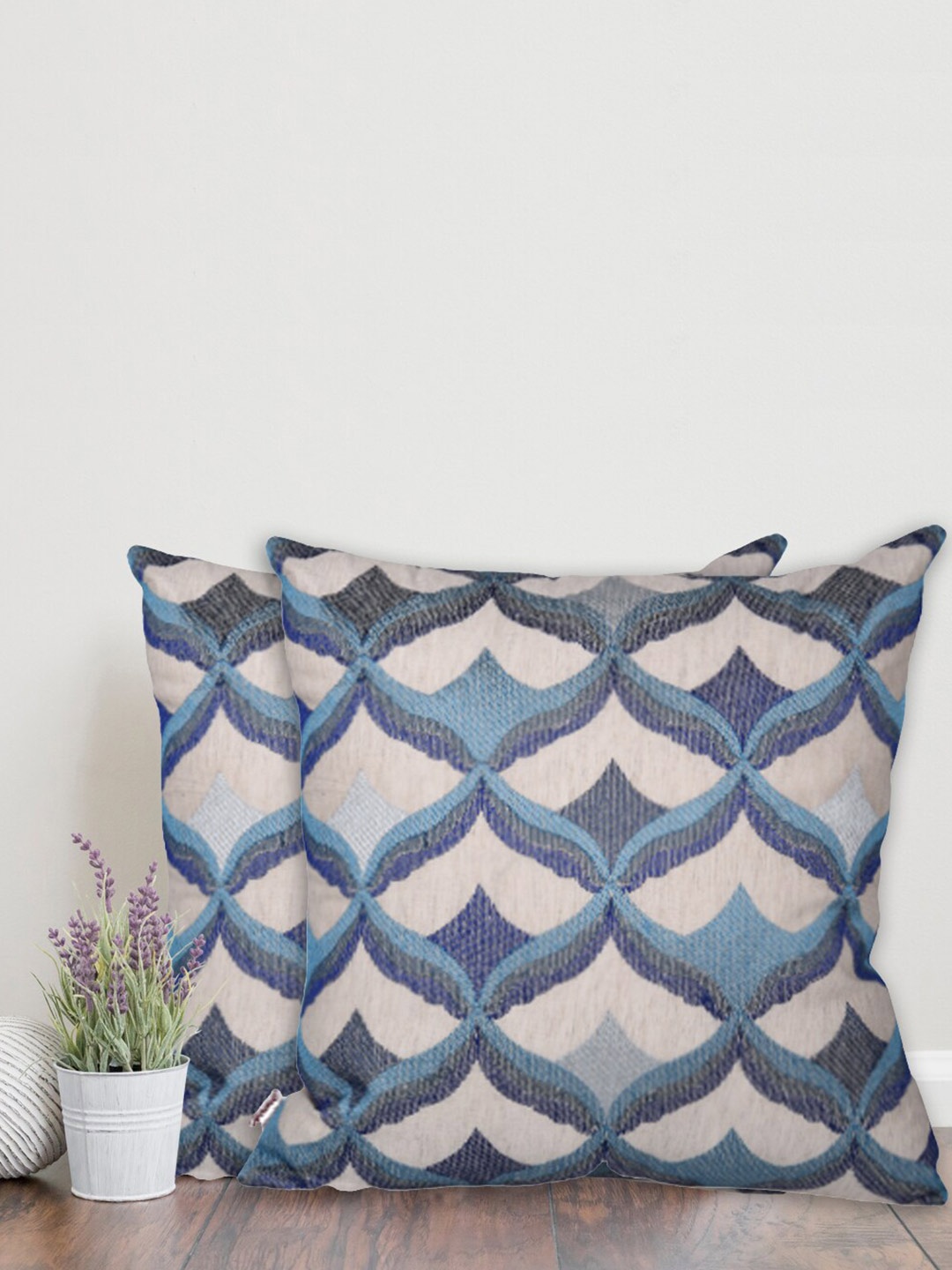 

Home Set Of 2 Blue & Beige Geometric Square Cushion Covers