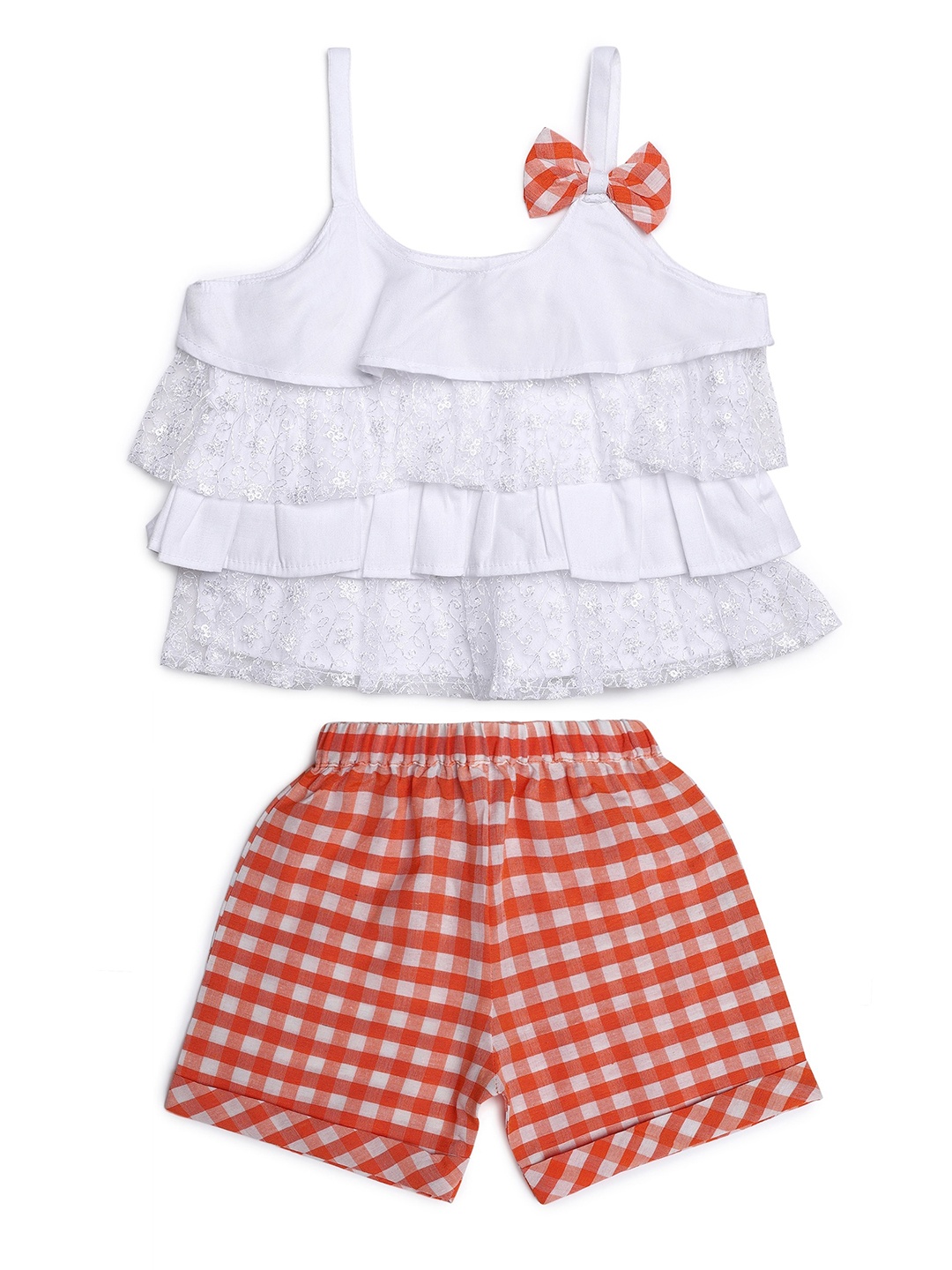 

ADIVA Girls Orange & White Embellished Cotton Tiered Top with Checked Shorts