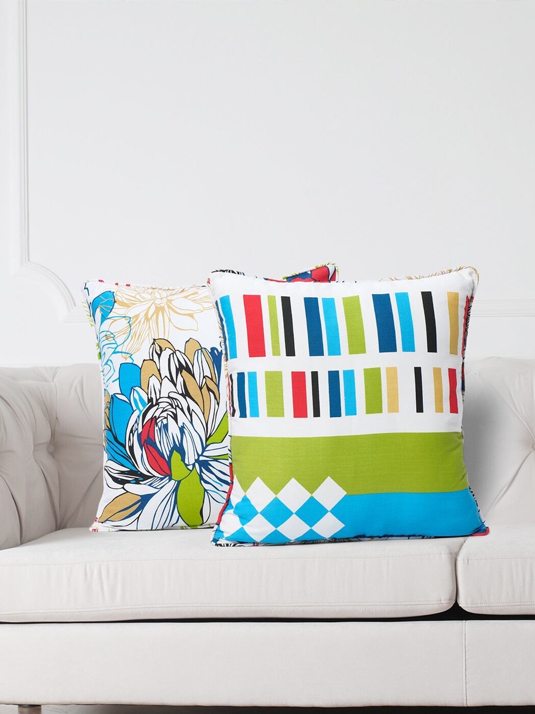 SWAYAM Green & White Set of 2 Floral Square Cushion Covers