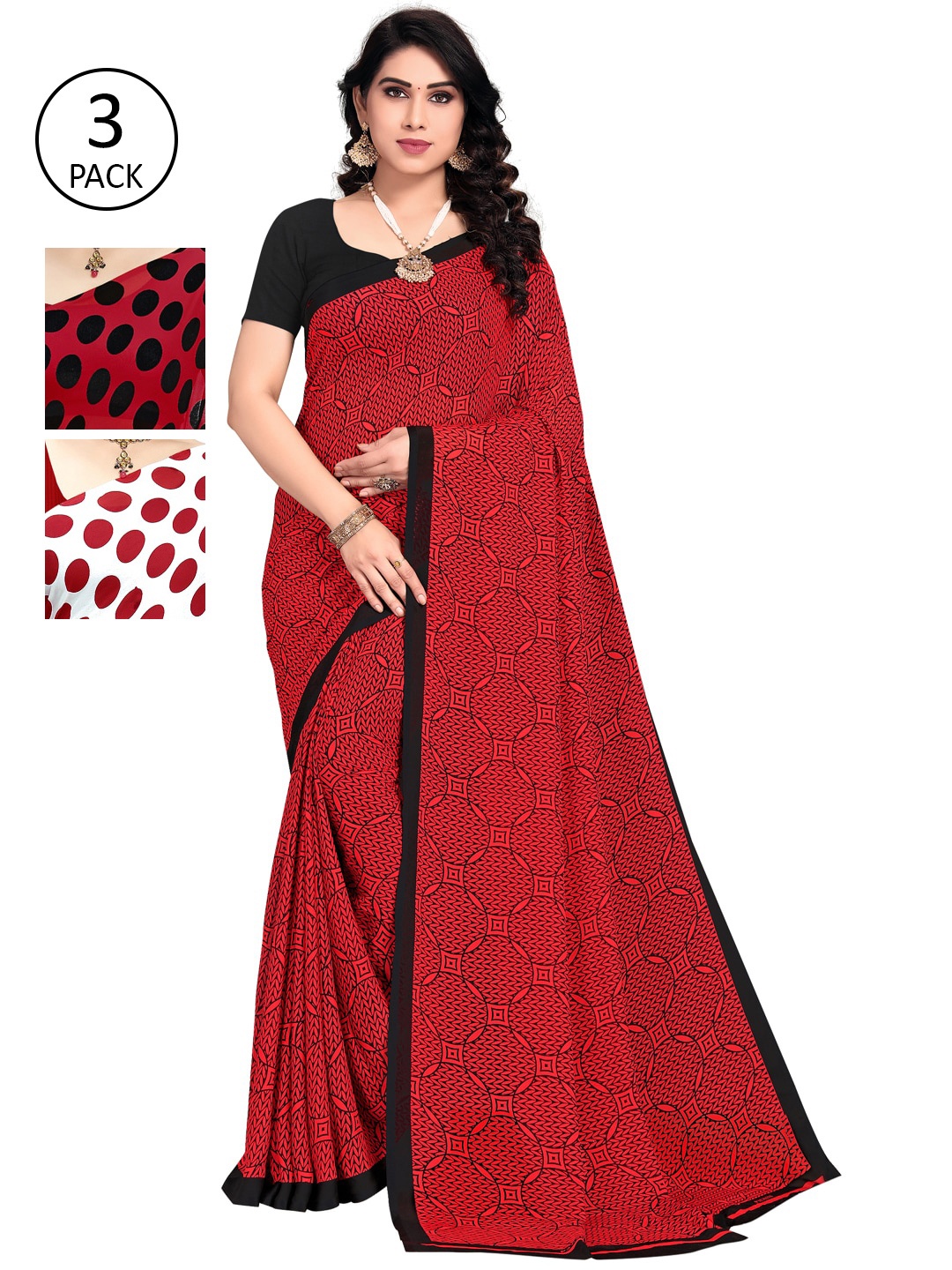 

KALINI Multicolor Georgette Printed Daily Wear Saree With Unstitched Blouse(Pack of 3), Red
