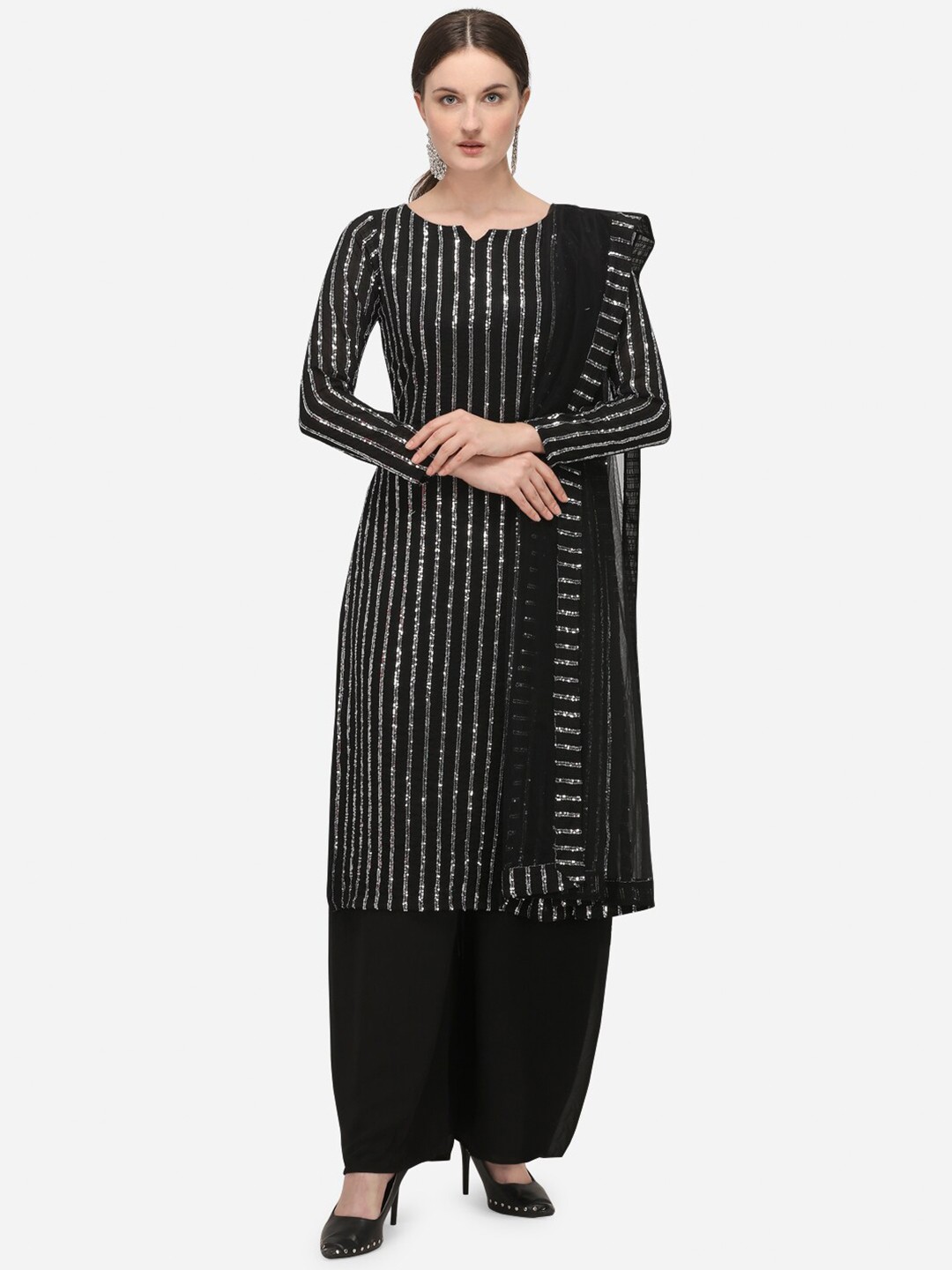 

JATRIQQ Black & Silver-Toned Embroidered Semi-Stitched Dress Material