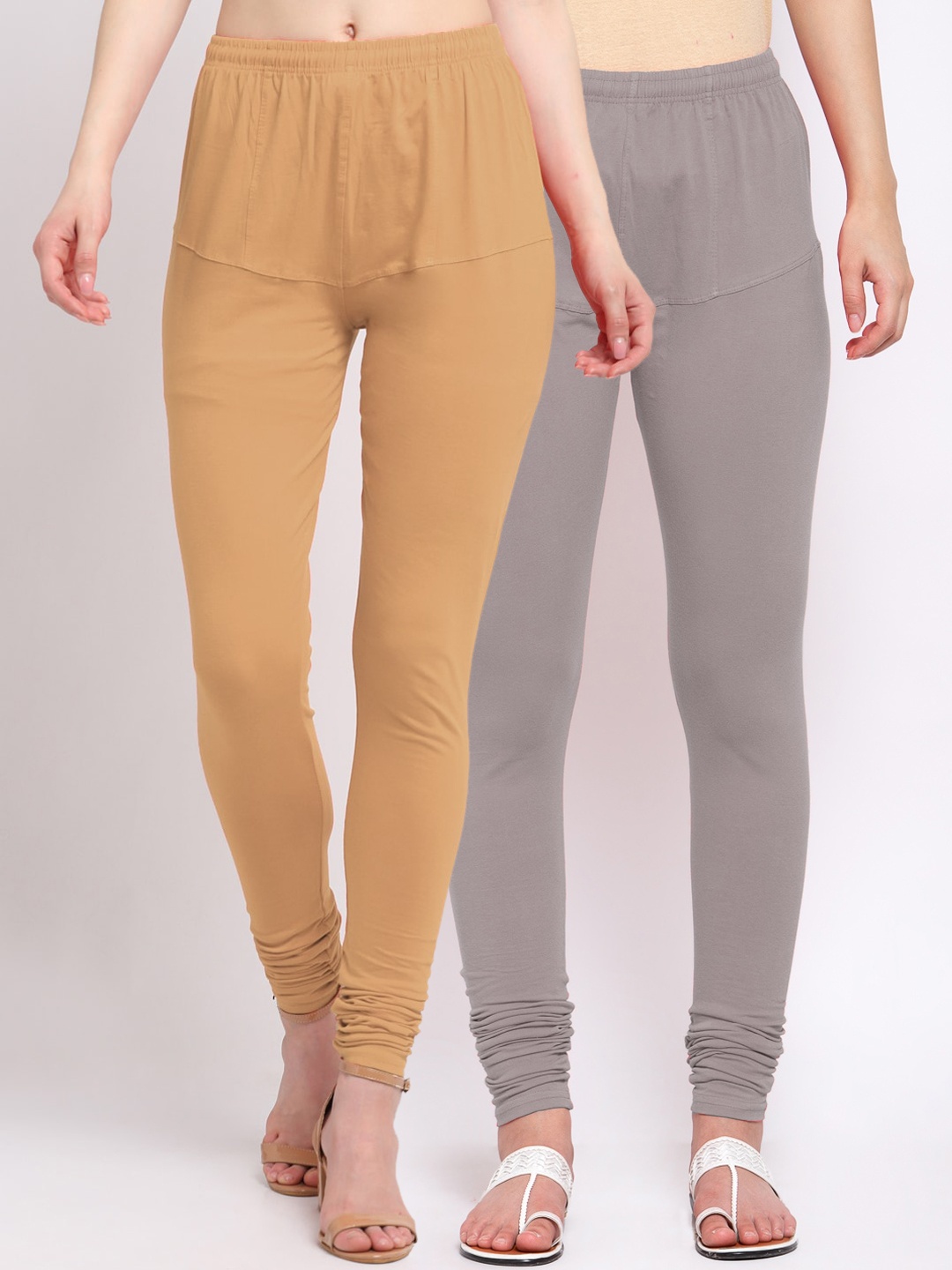 

KLOTTHE Women Pack Of 2 Beige & Grey Churidar-Length Cotton Leggings