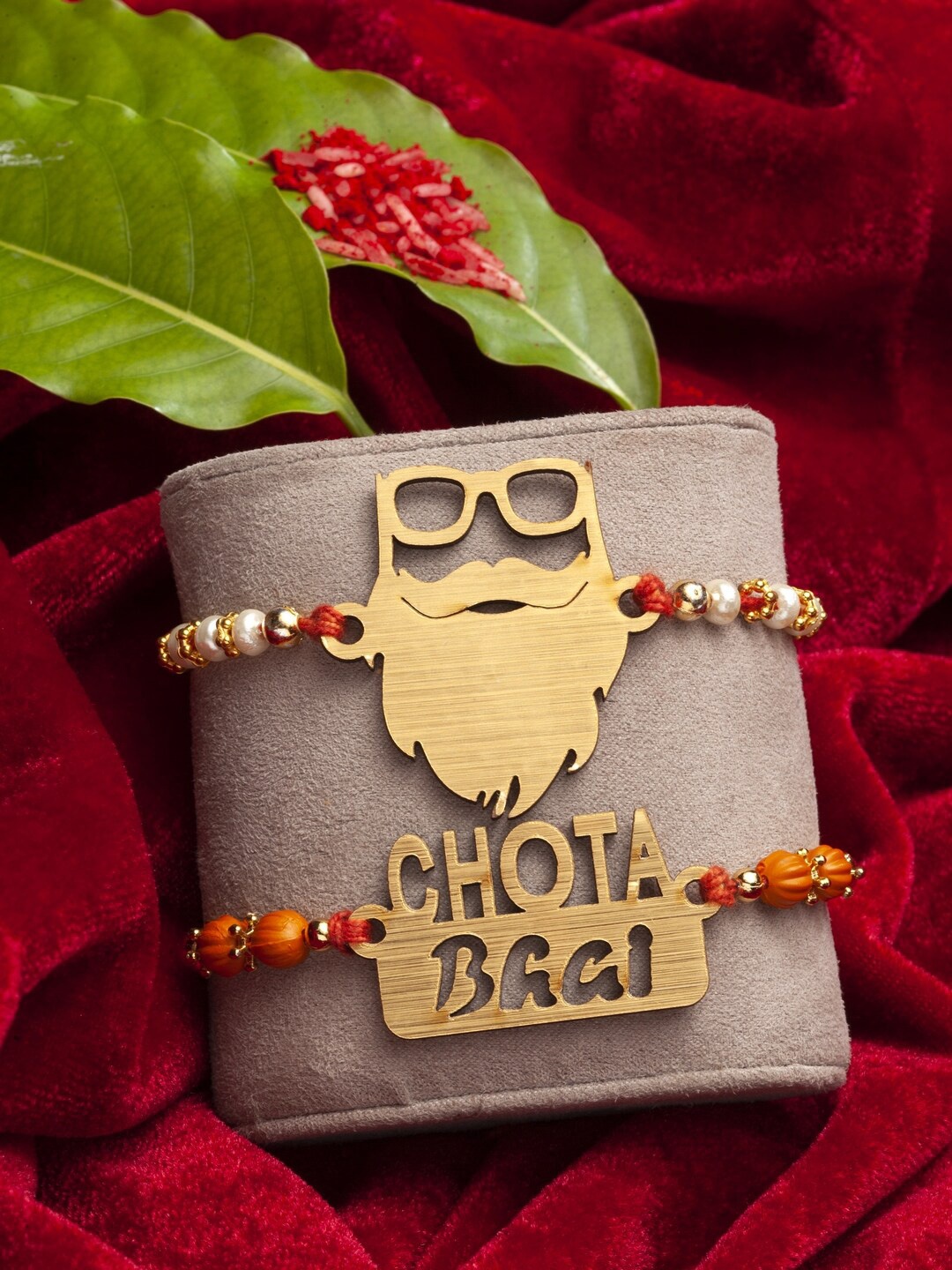 

PANASH Set of 2 Gold-Toned Beard Styles & Chota Bhai Fancy Rakhi With Roli Chawal
