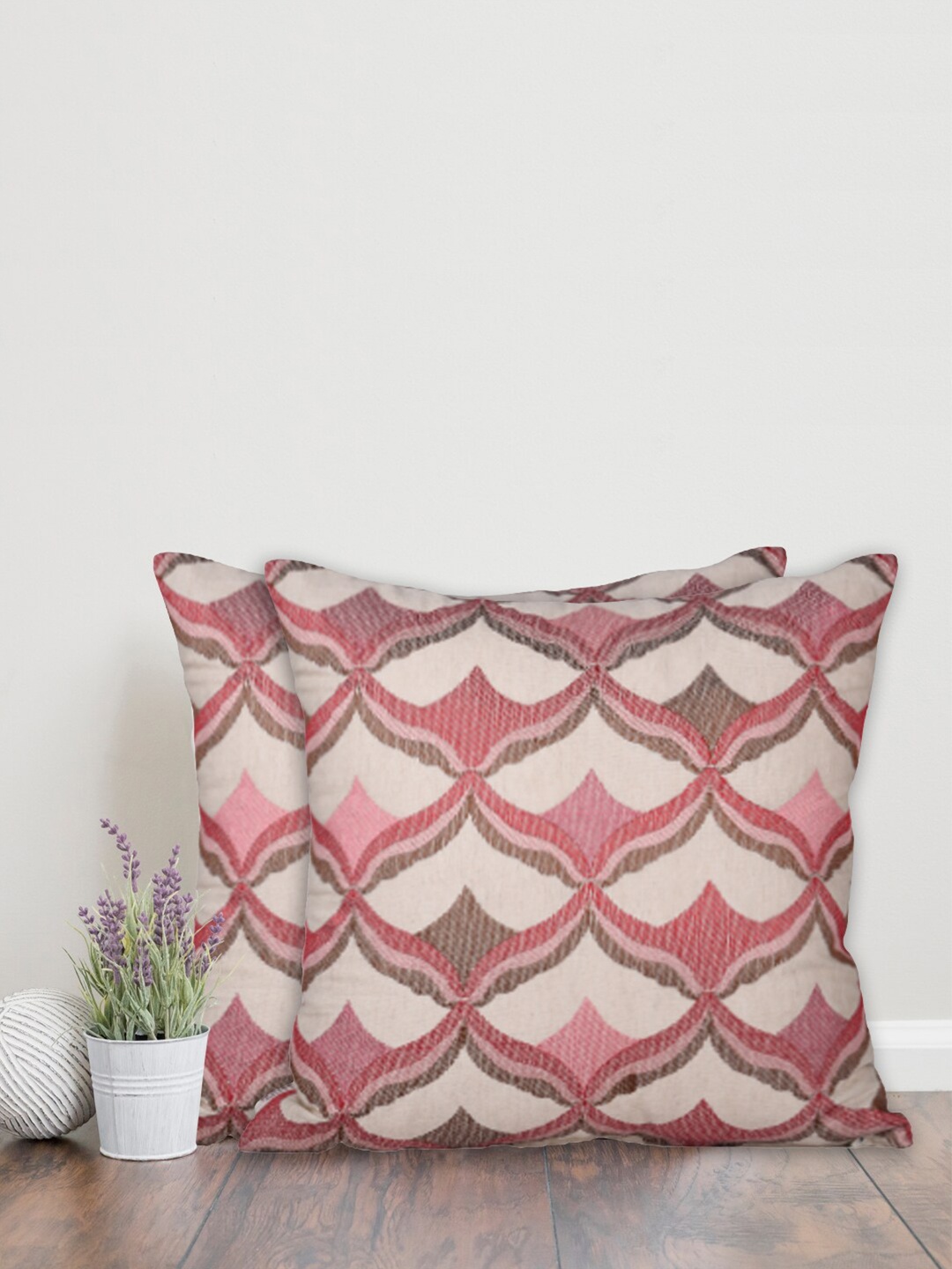 Home Set Of 2 Red & Beige Geometric Square Cushion Covers