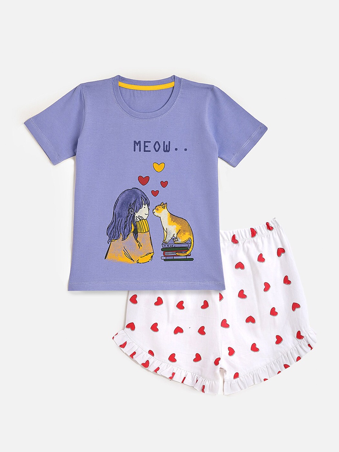 YK Girls Purple & White Printed Pure Cotton Night suit