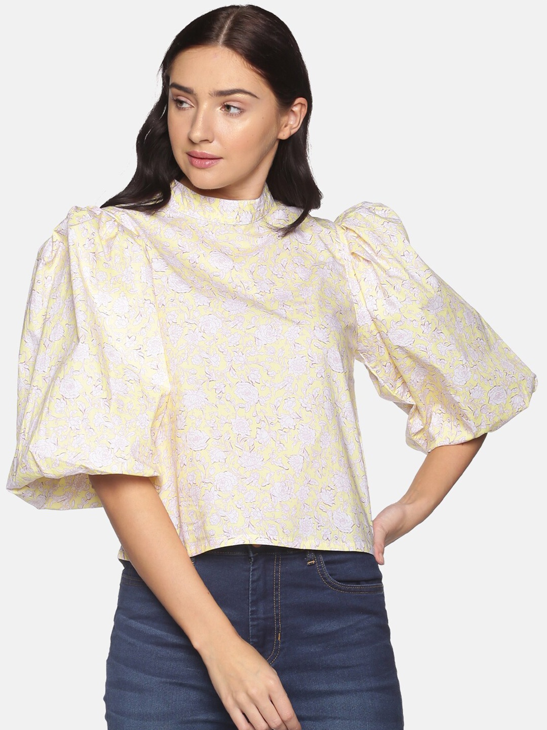 ISU Yellow Floral Puff Sleeves High Neck Cotton Top