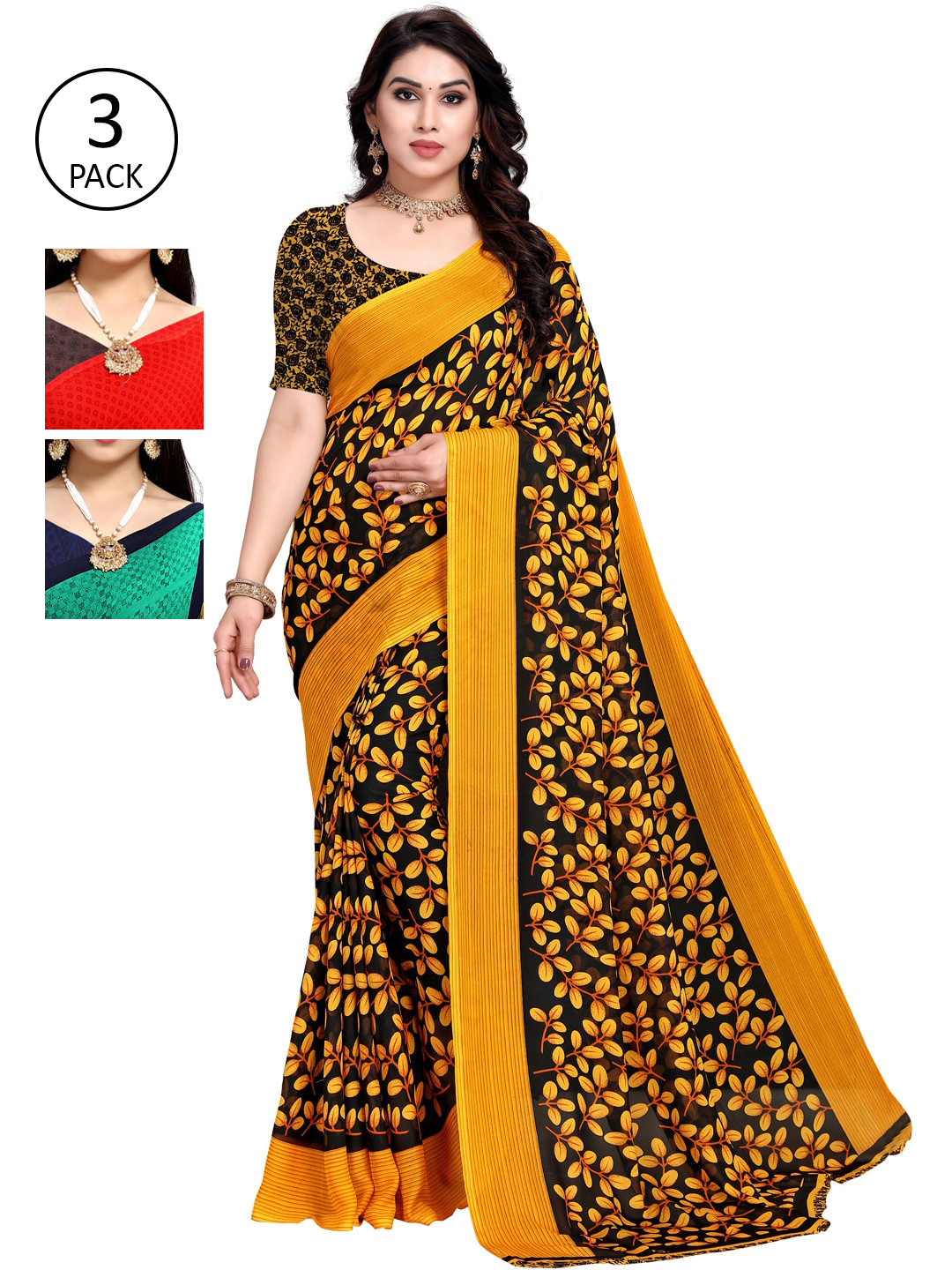 

KALINI Women Pack of 3 Multicolor Poly Georgette Printed Saree, Red