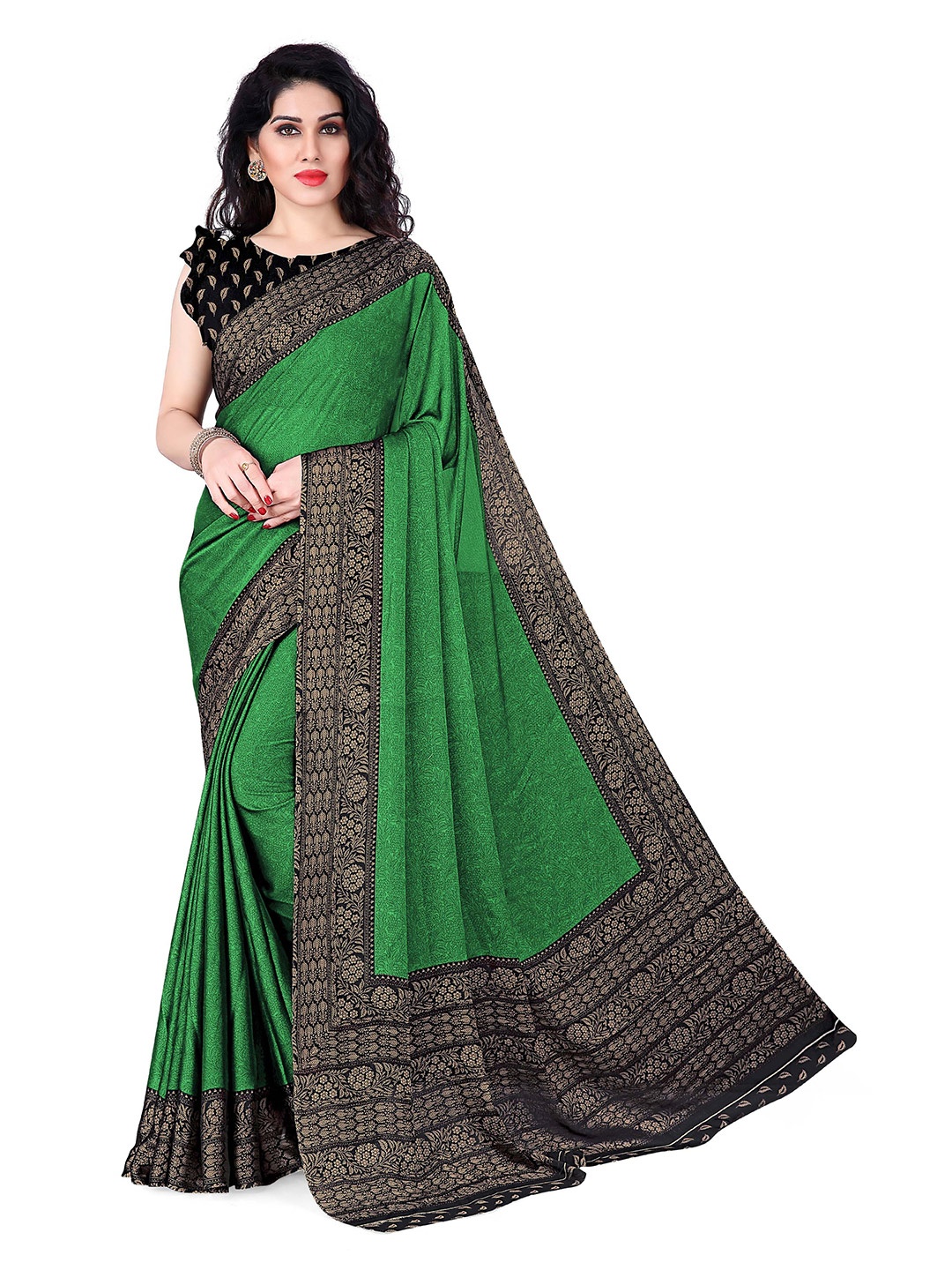KALINI Green & Navy Blue Floral Chiffon Saree