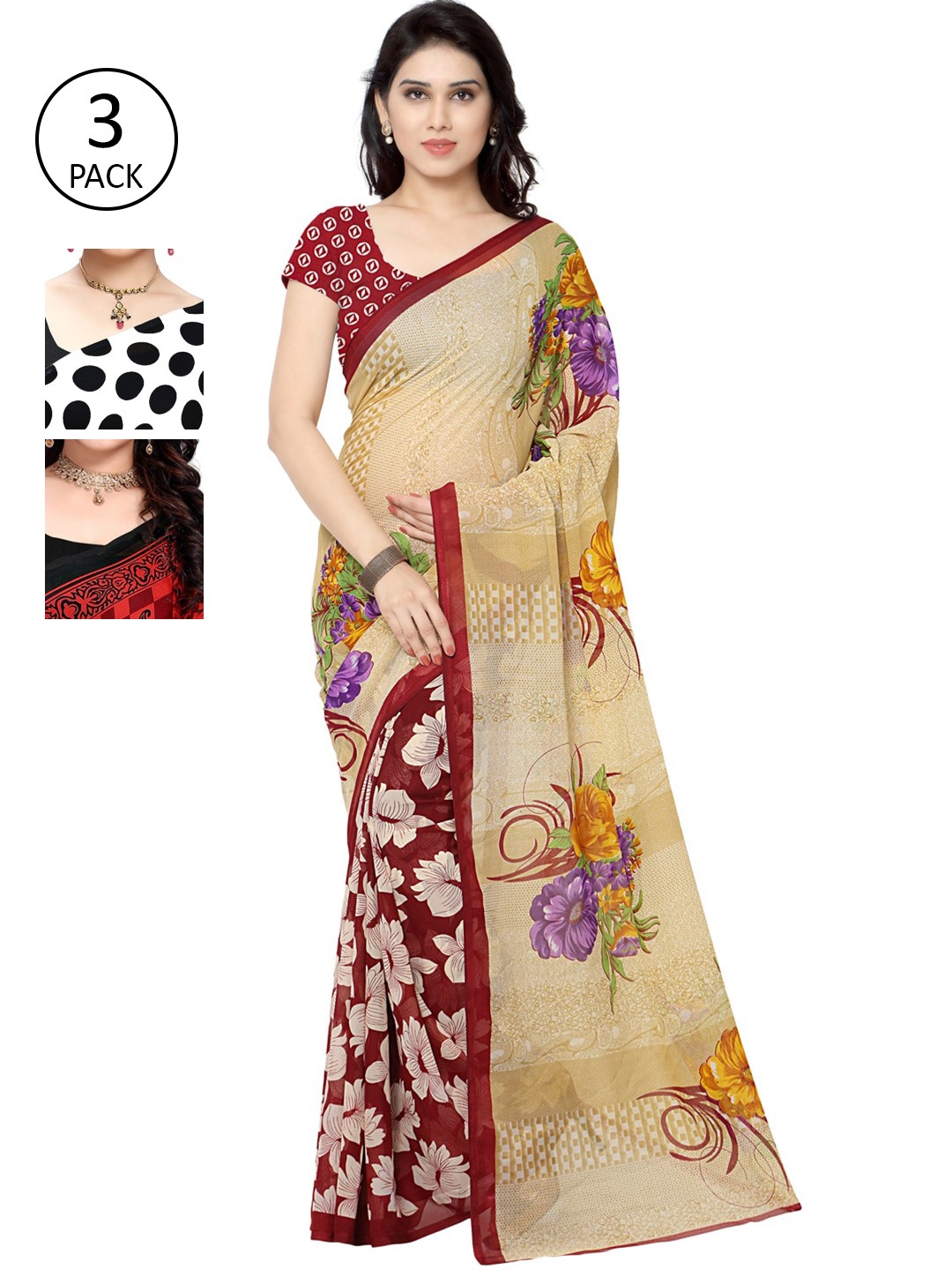 

KALINI Pack of 3 Poly Georgette Sarees, White