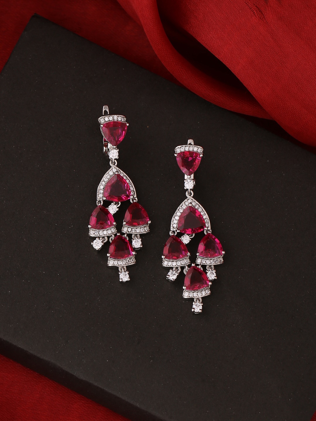 

Tistabene Rhodium-Plated & Pink Contemporary Drop Earrings