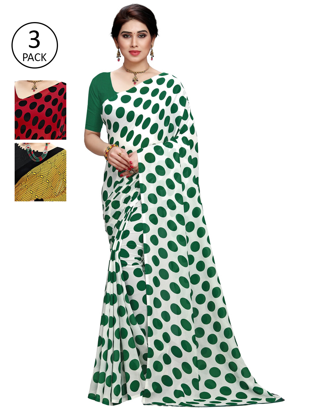 

KALINI Multicolor Georgette Printed Daily Wear Saree With Unstitched Blouse(Pack of 3), Green