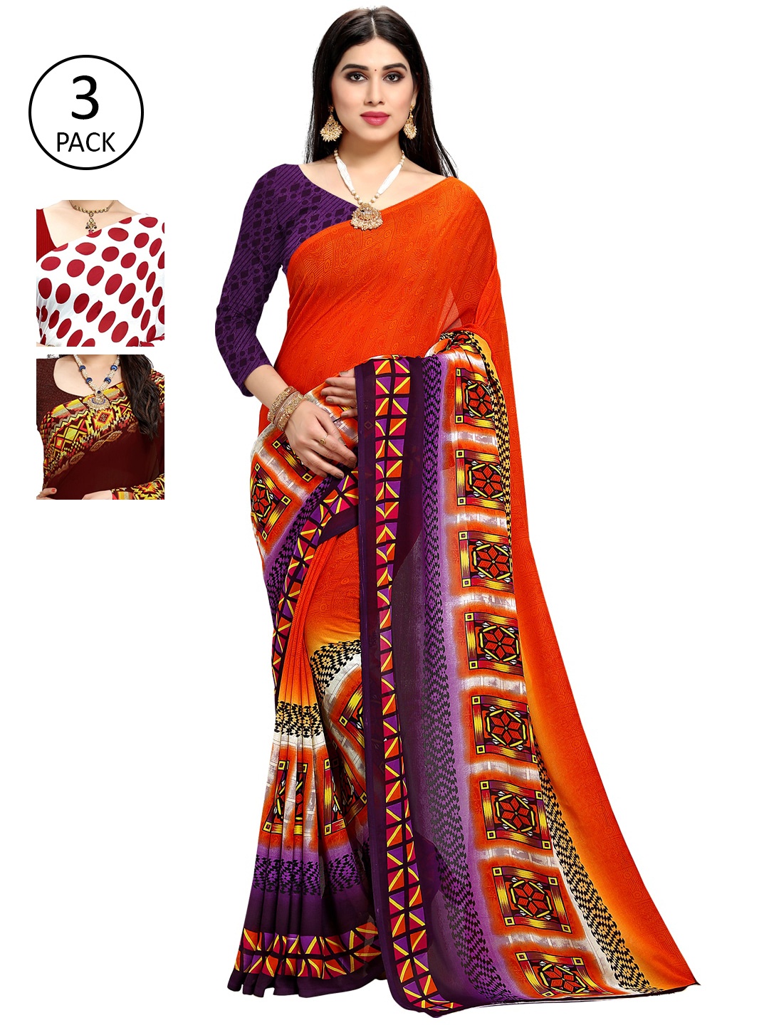 

KALINI Pack of 3 Poly Georgette Sarees, White